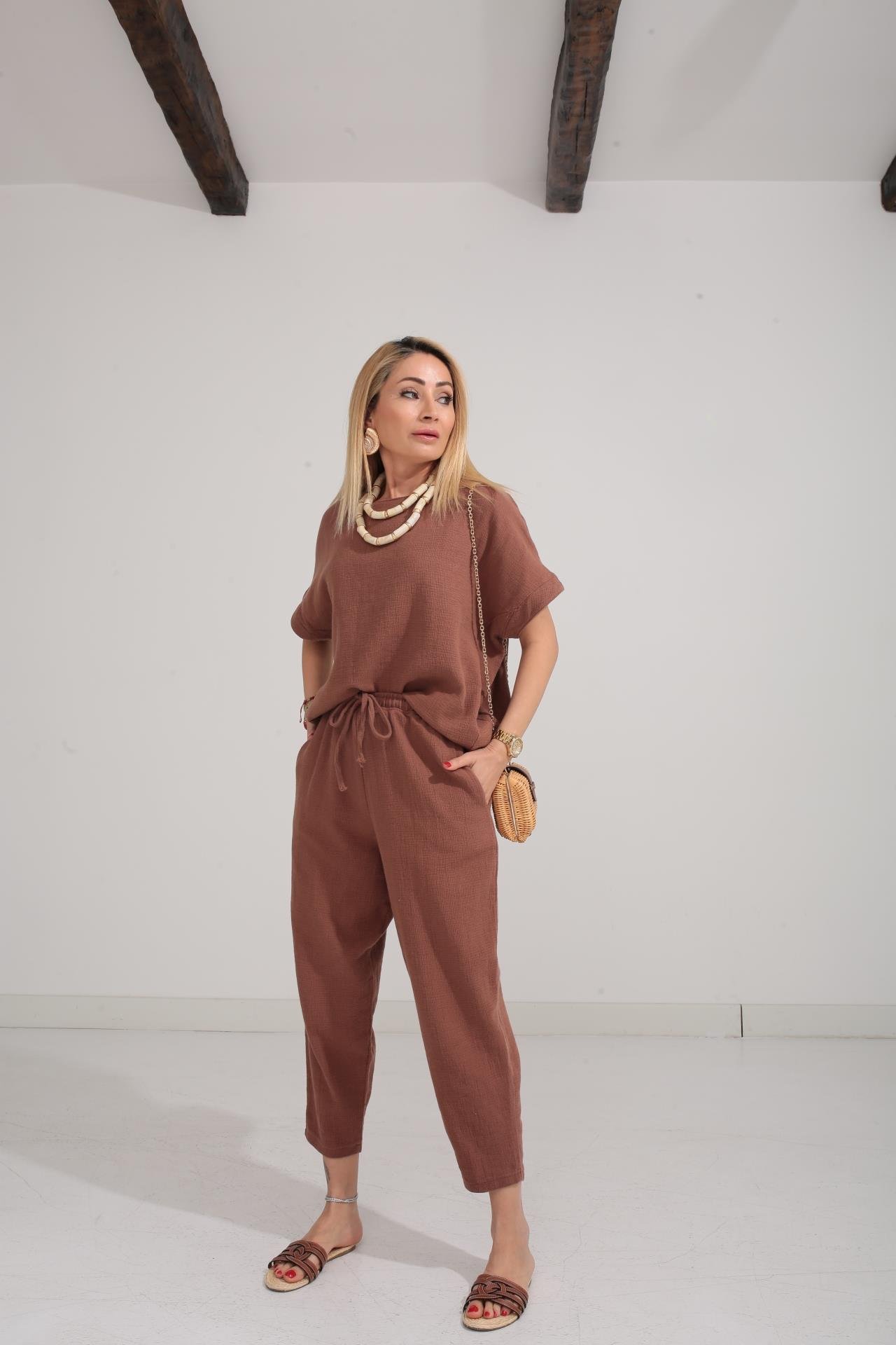 Düşüşk Kol Kahve Örme Keten Takım TAKIM | NO33