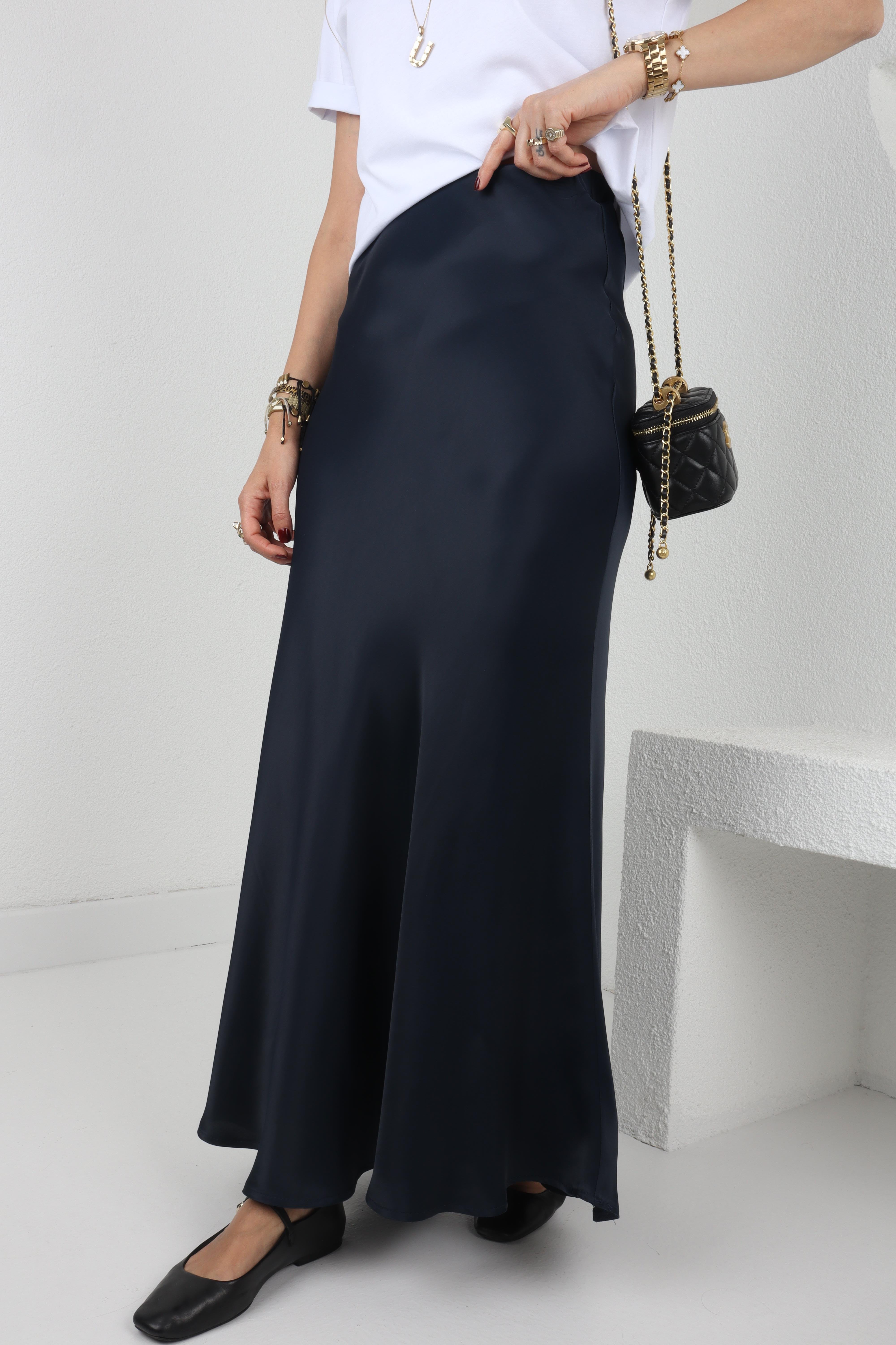 Düz Uzun Lacivert  Saten Etek ETEK