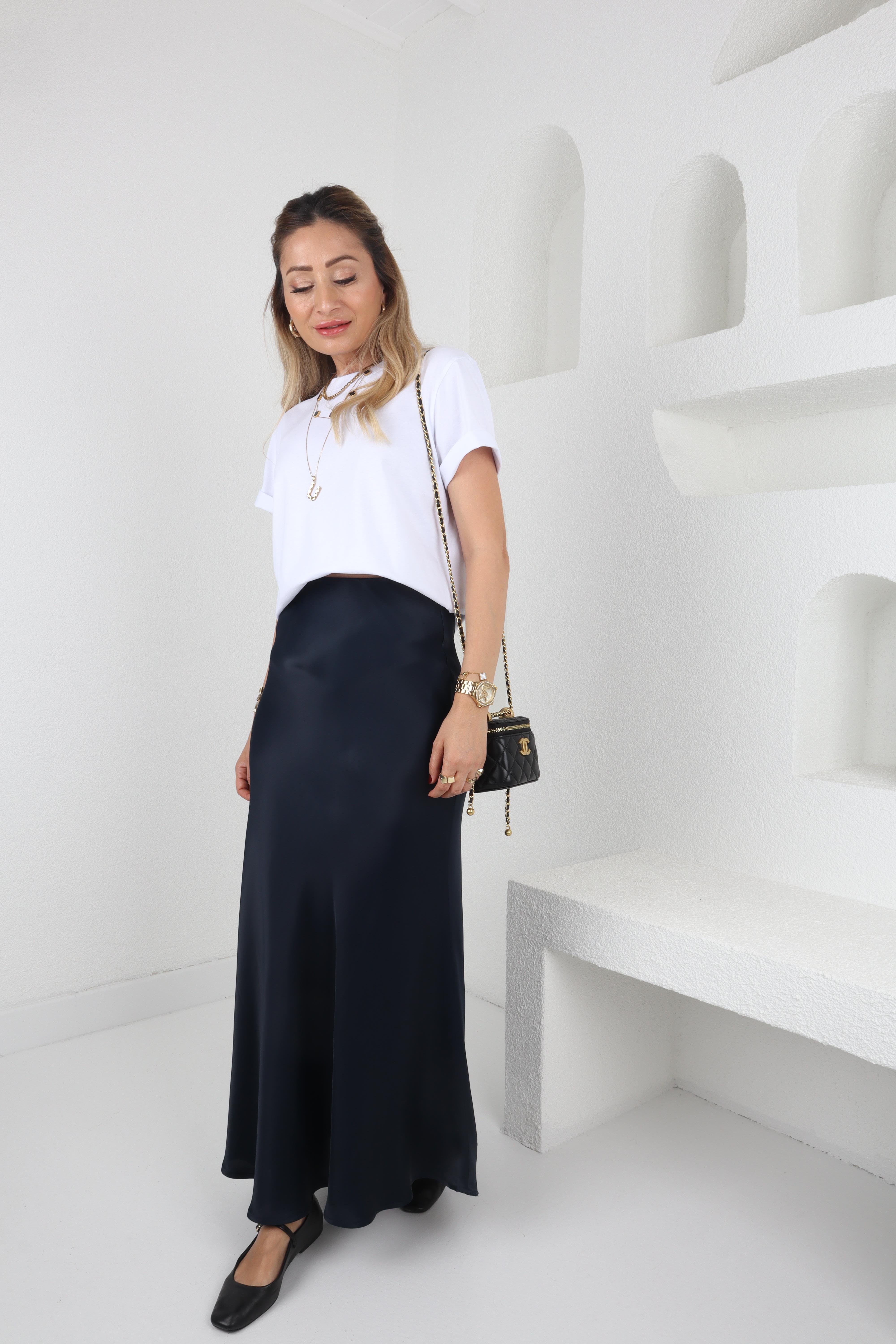 Düz Uzun Lacivert  Saten Etek ETEK