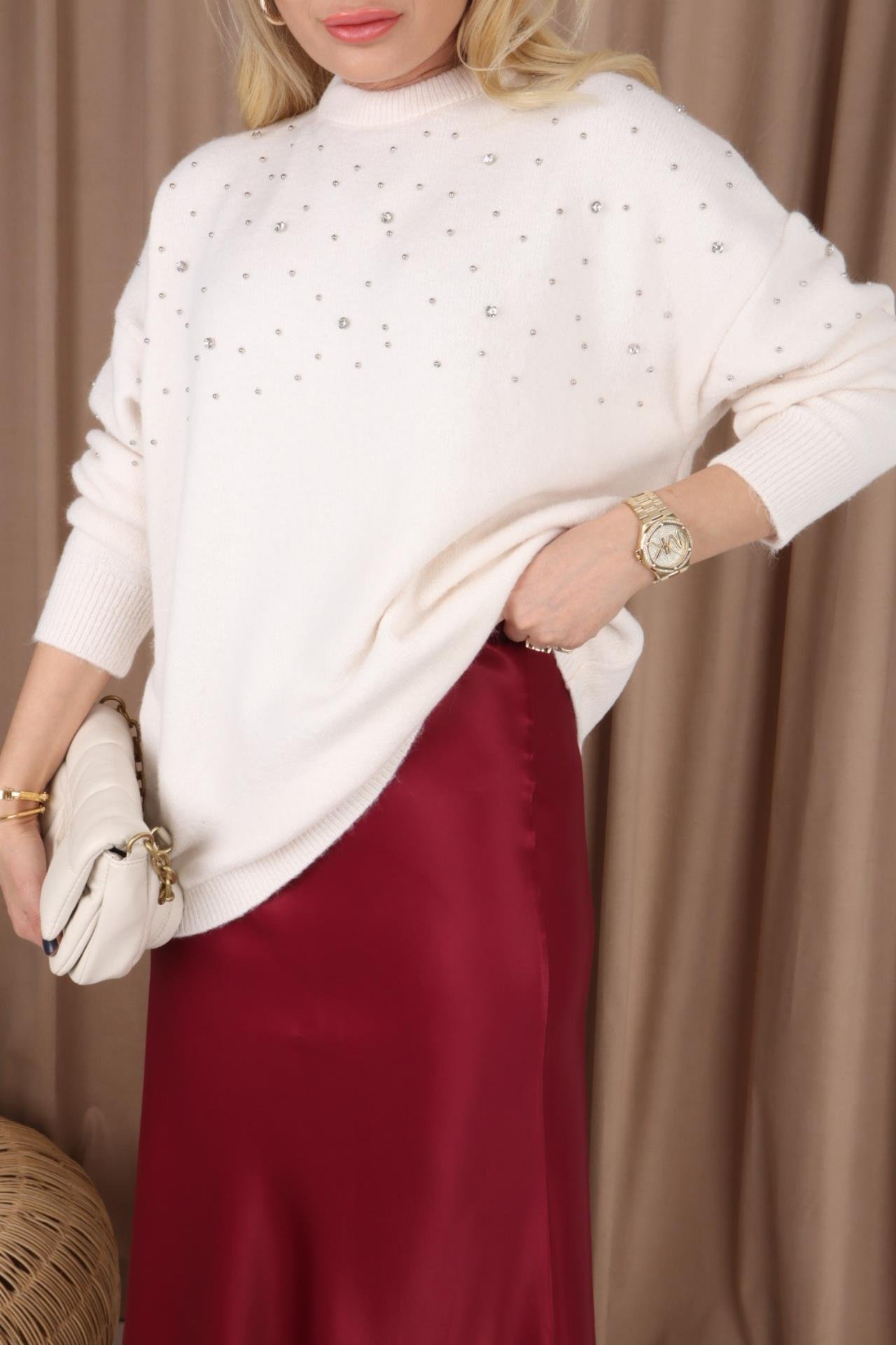 Ekru Dağınık Taşlı Triko Kazak TRİKO VE KAZAK