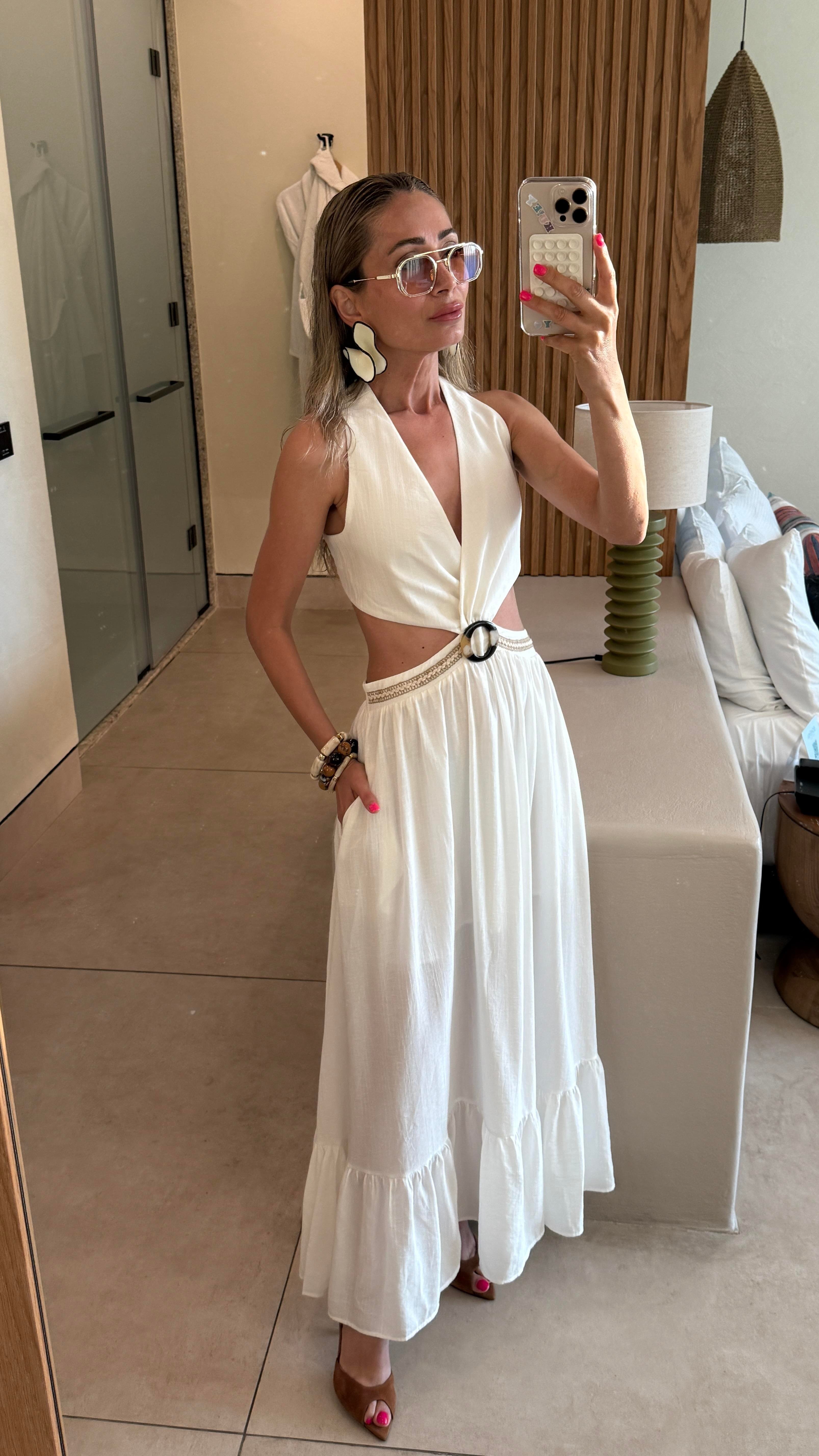 Ekru Eteği Fırfırlı Dekolteli Elbise ELBİSE | NO33