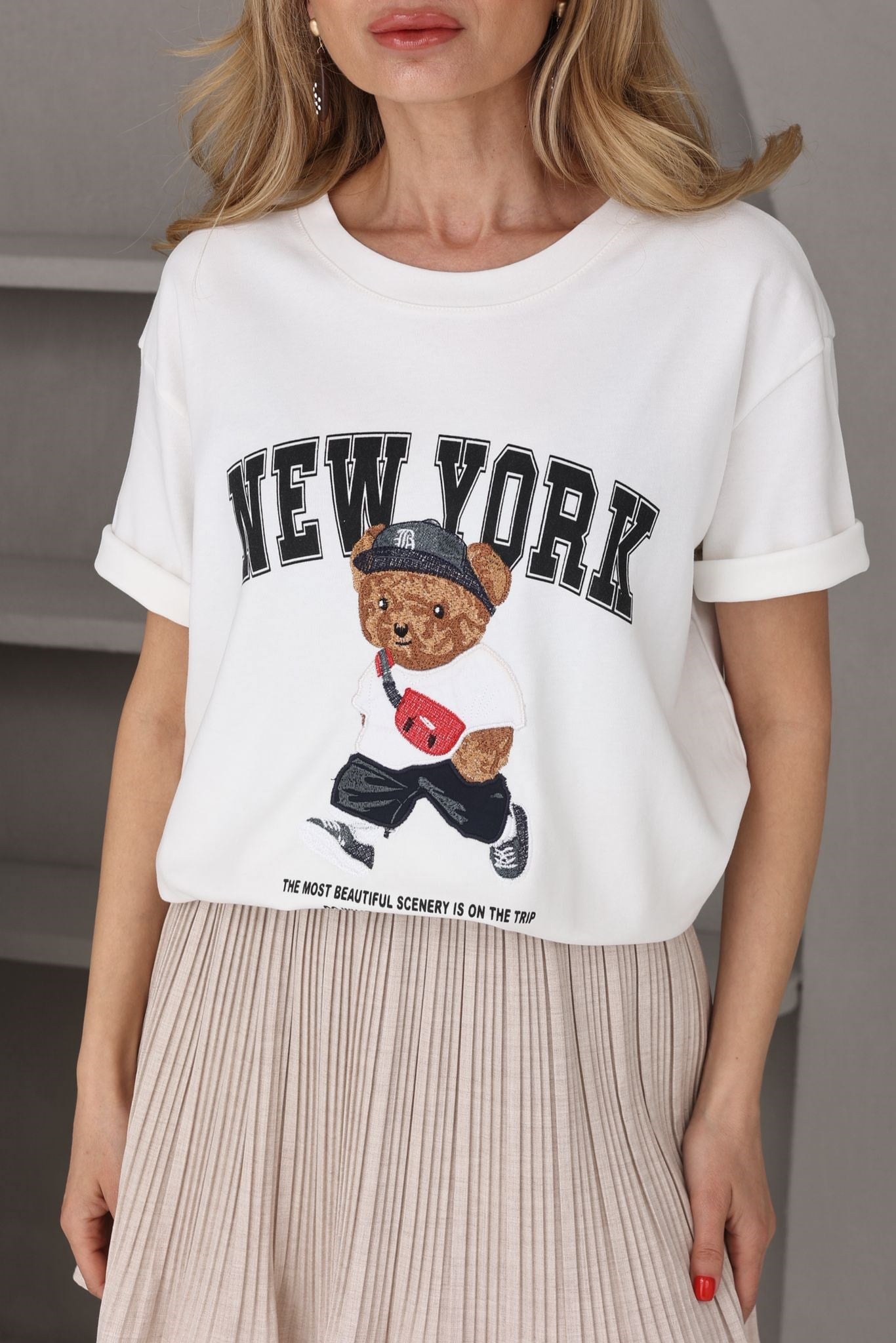 Ekru Teddy Nakışlı Basic Tshirt T-SHİRT | NO33