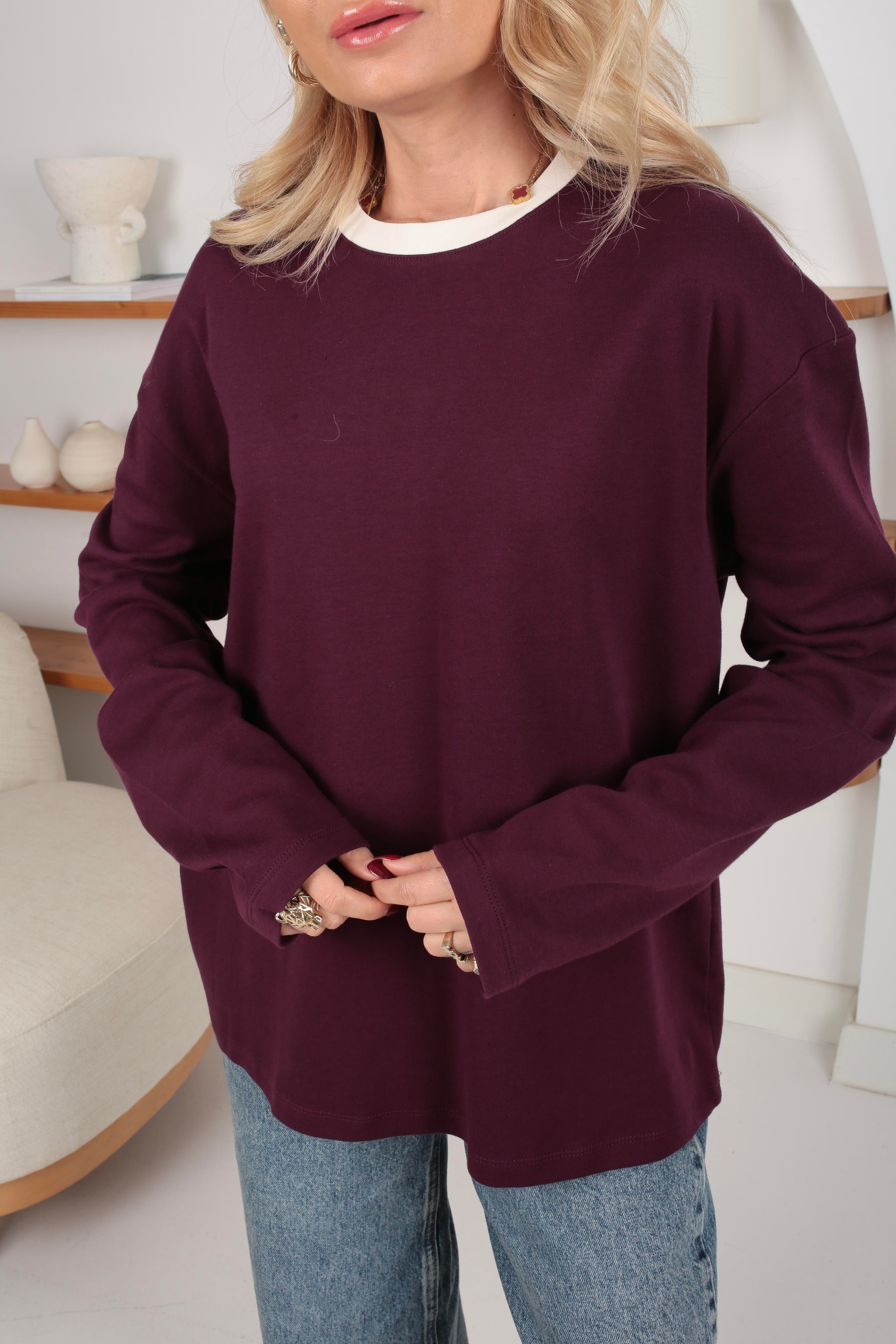 Ekru Yaka Biyeli Bordo Oversize İnce Sweatshirt SWEATSHİRT
