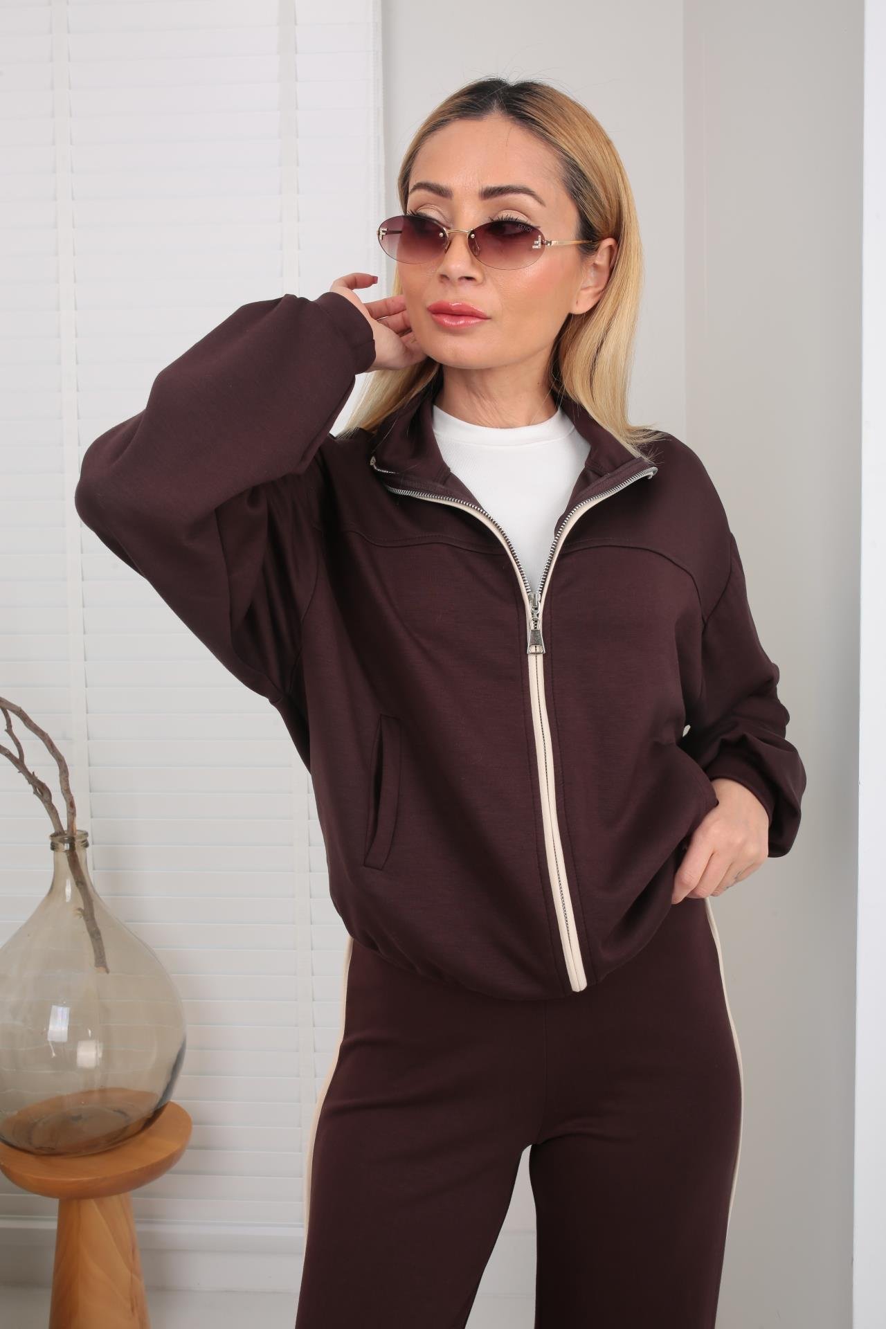 Fermuarlı Yanı Şeritli Kahve Spor Takım SPOR TAKIMLAR