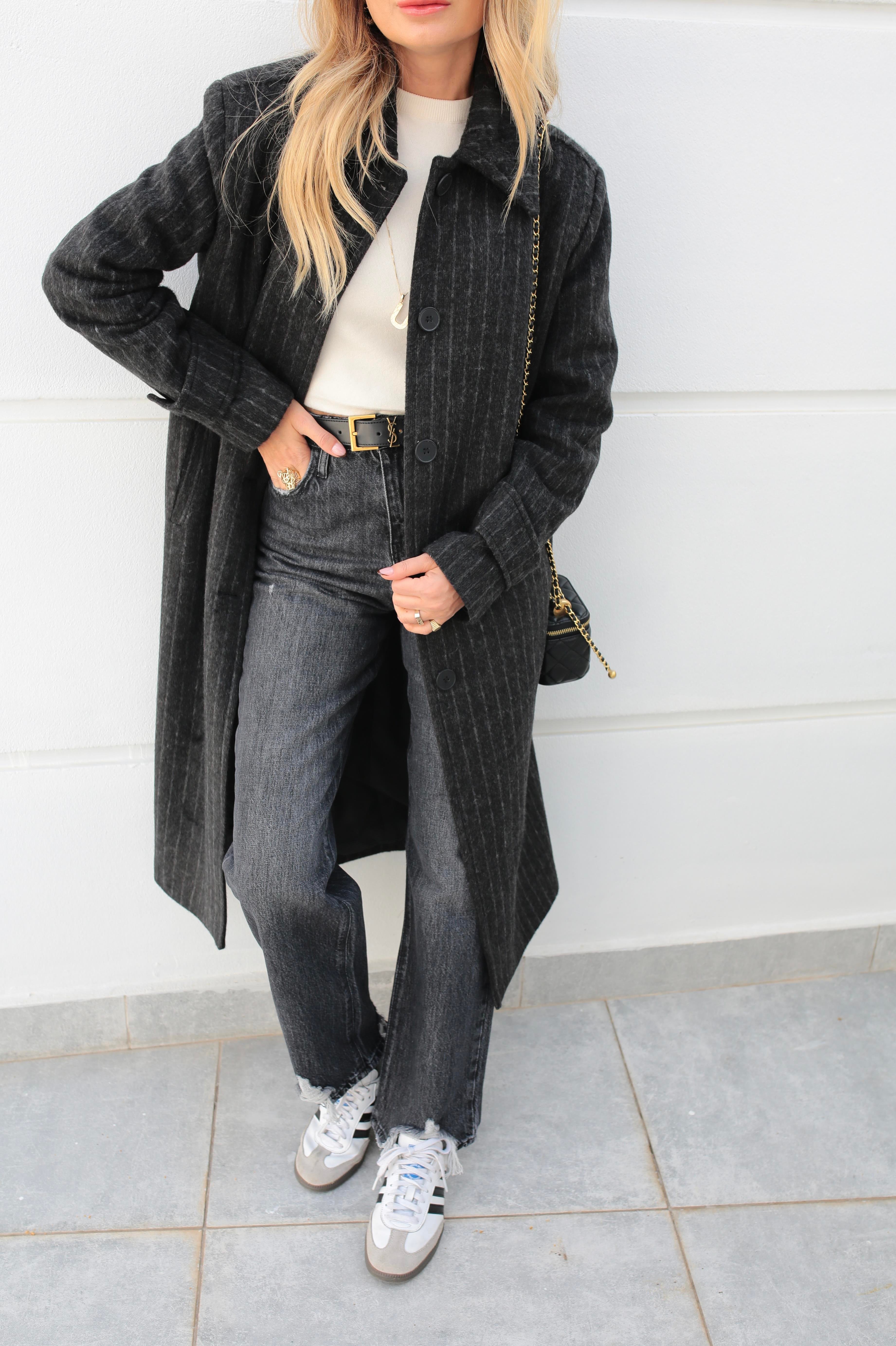 Füme Çizgili Üç Düğmeli Uzun Kaşe Kaban KABAN