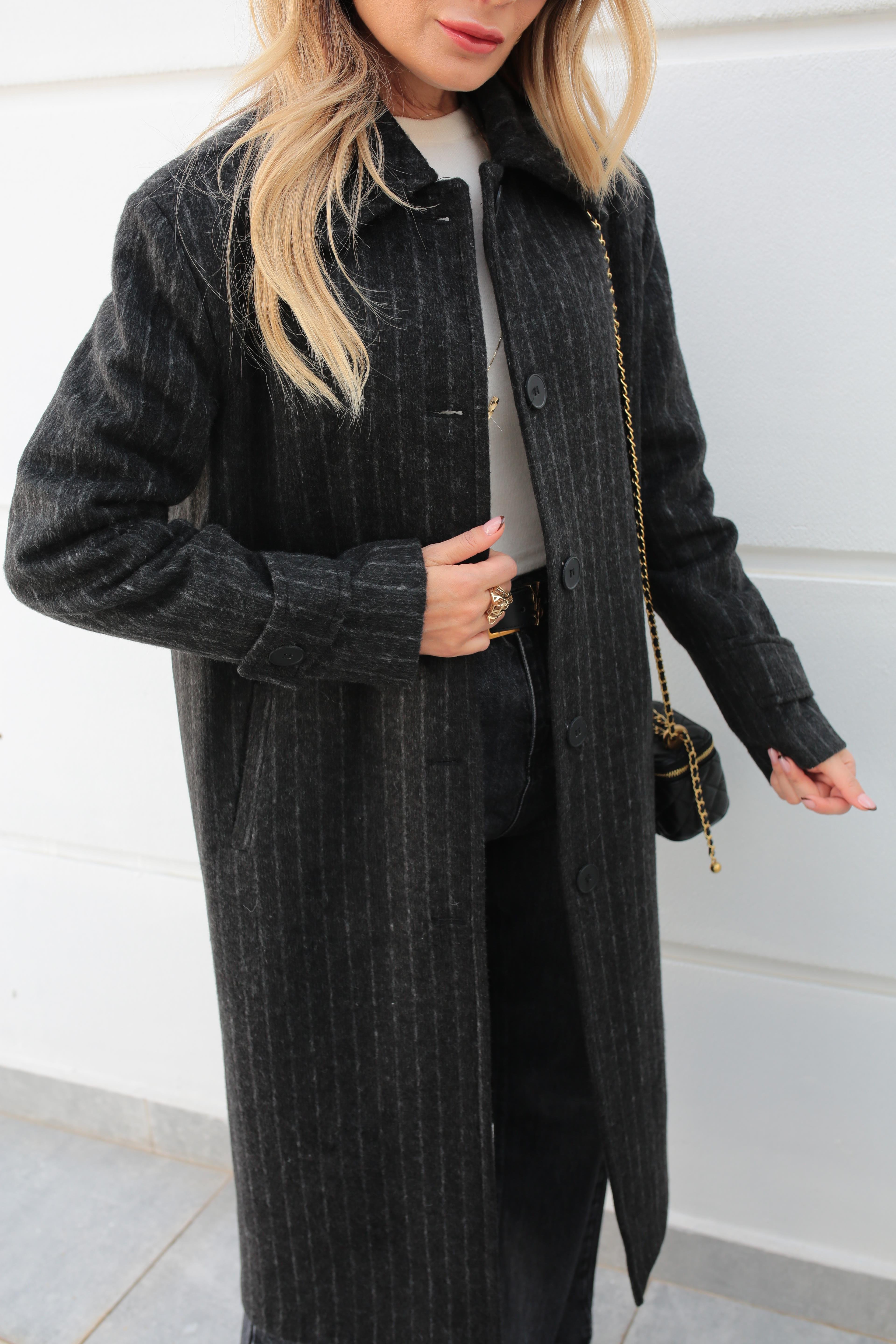 Füme Çizgili Üç Düğmeli Uzun Kaşe Kaban KABAN