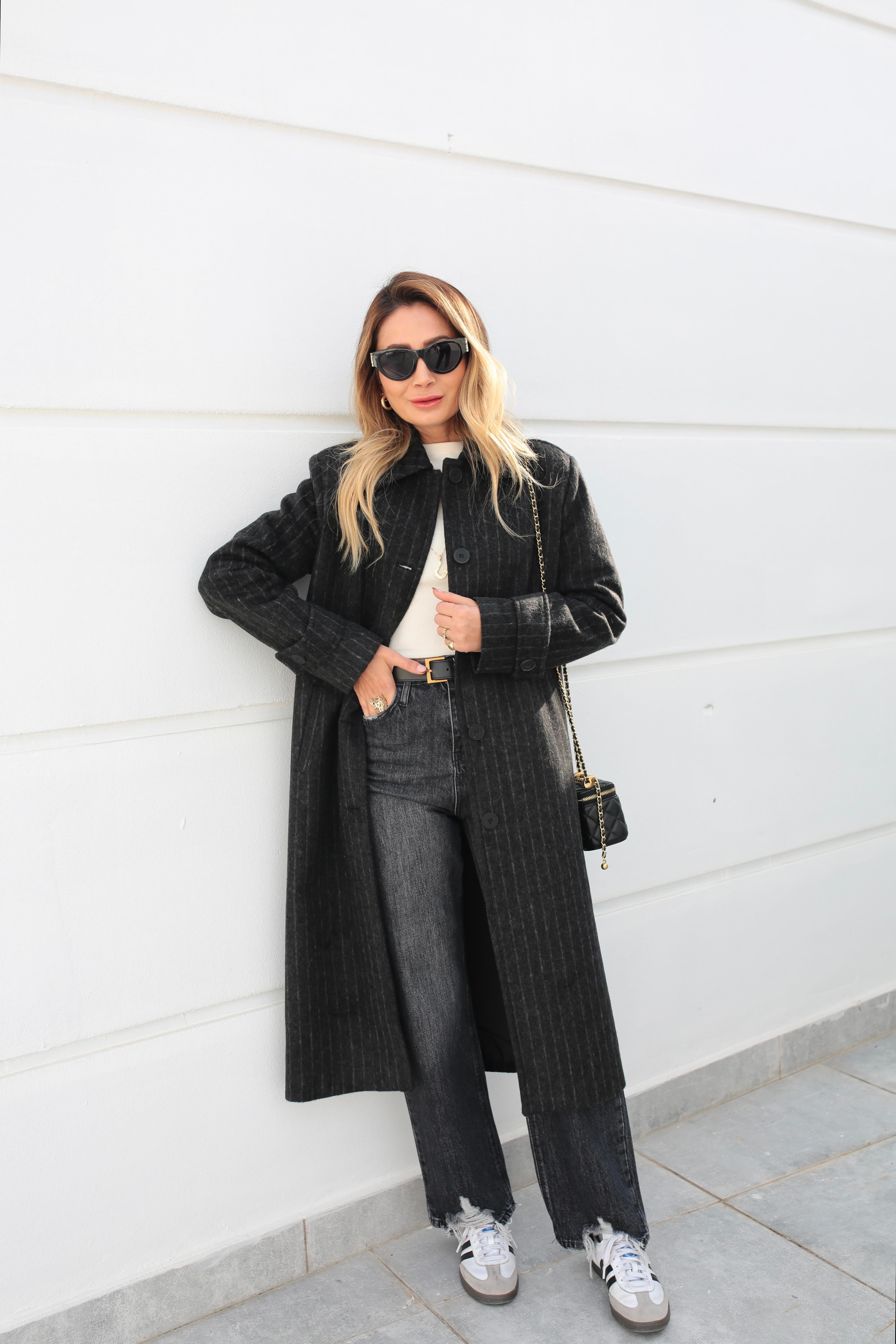 Füme Çizgili Üç Düğmeli Uzun Kaşe Kaban KABAN