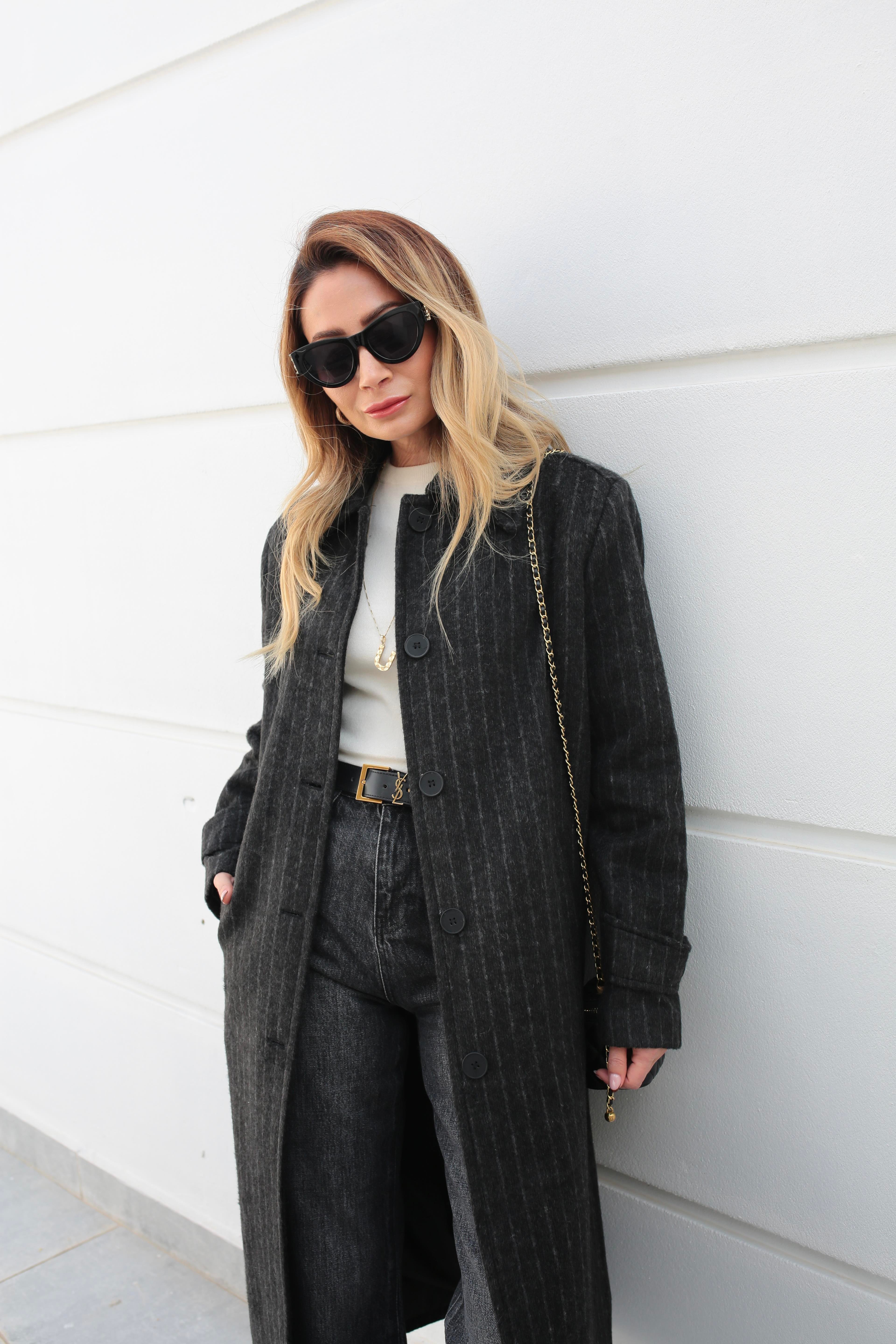 Füme Çizgili Üç Düğmeli Uzun Kaşe Kaban KABAN