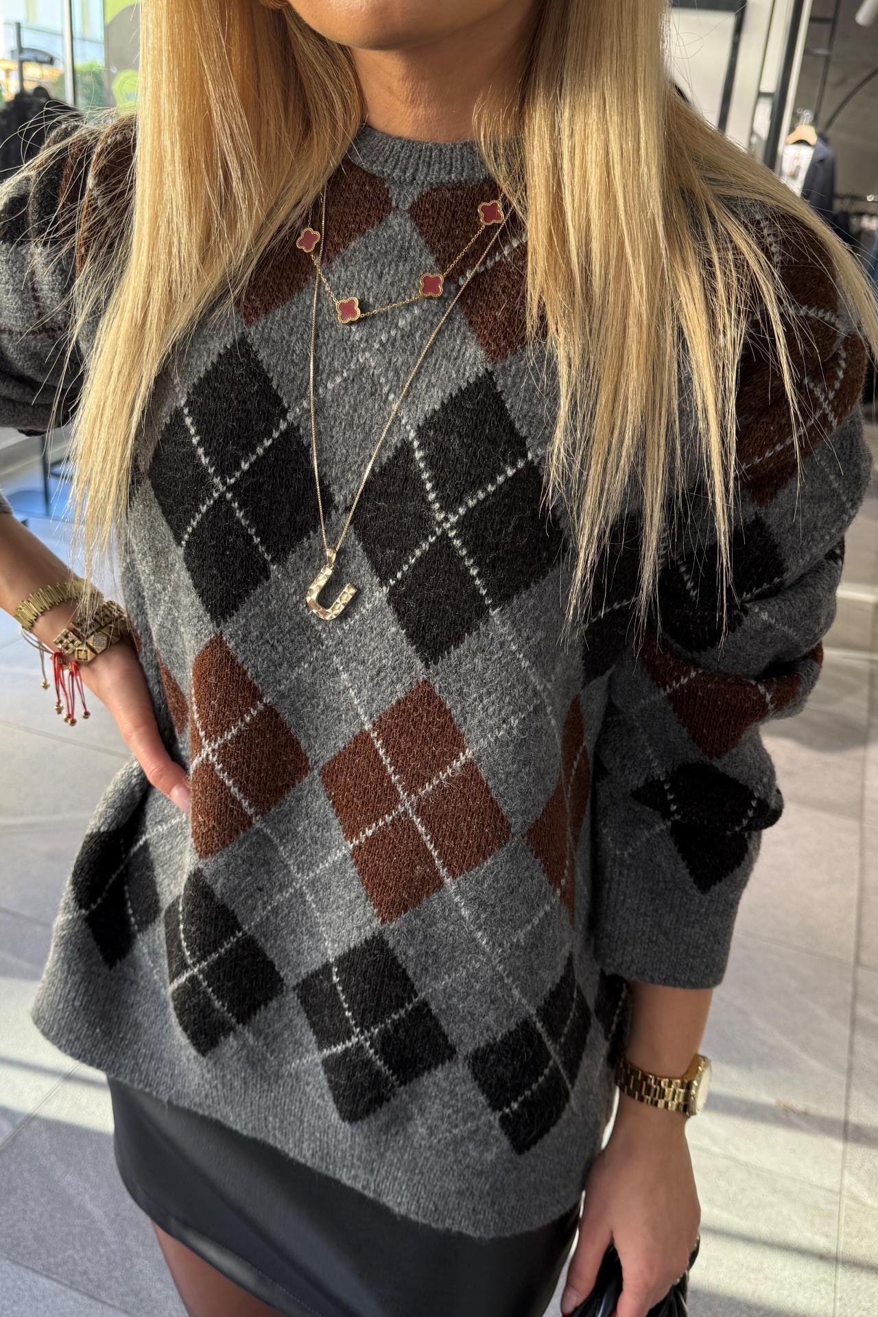 Füme Kahve Baklava Desen Kalın Kazak TRİKO VE KAZAK