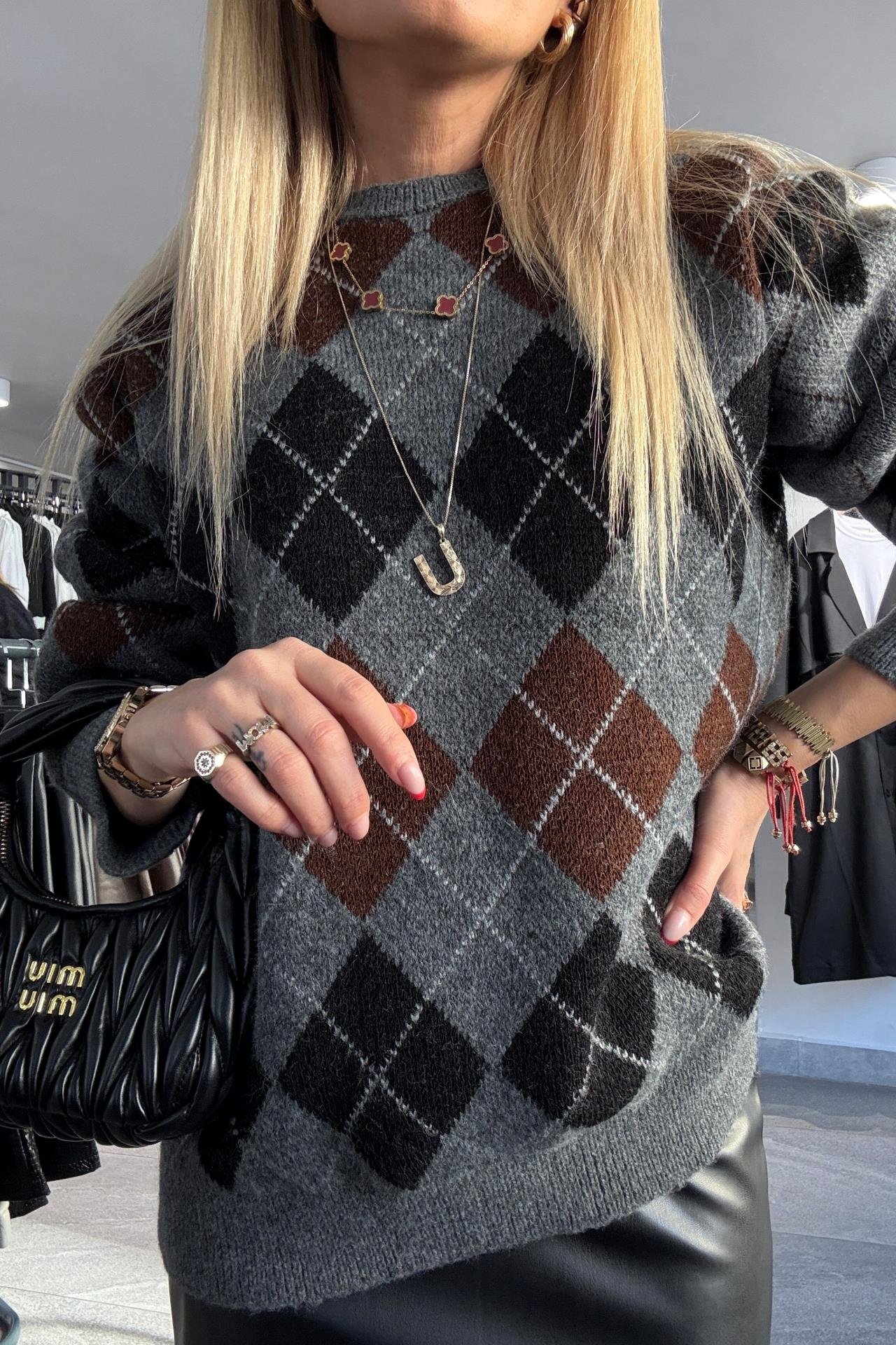 Füme Kahve Baklava Desen Kalın Kazak TRİKO VE KAZAK