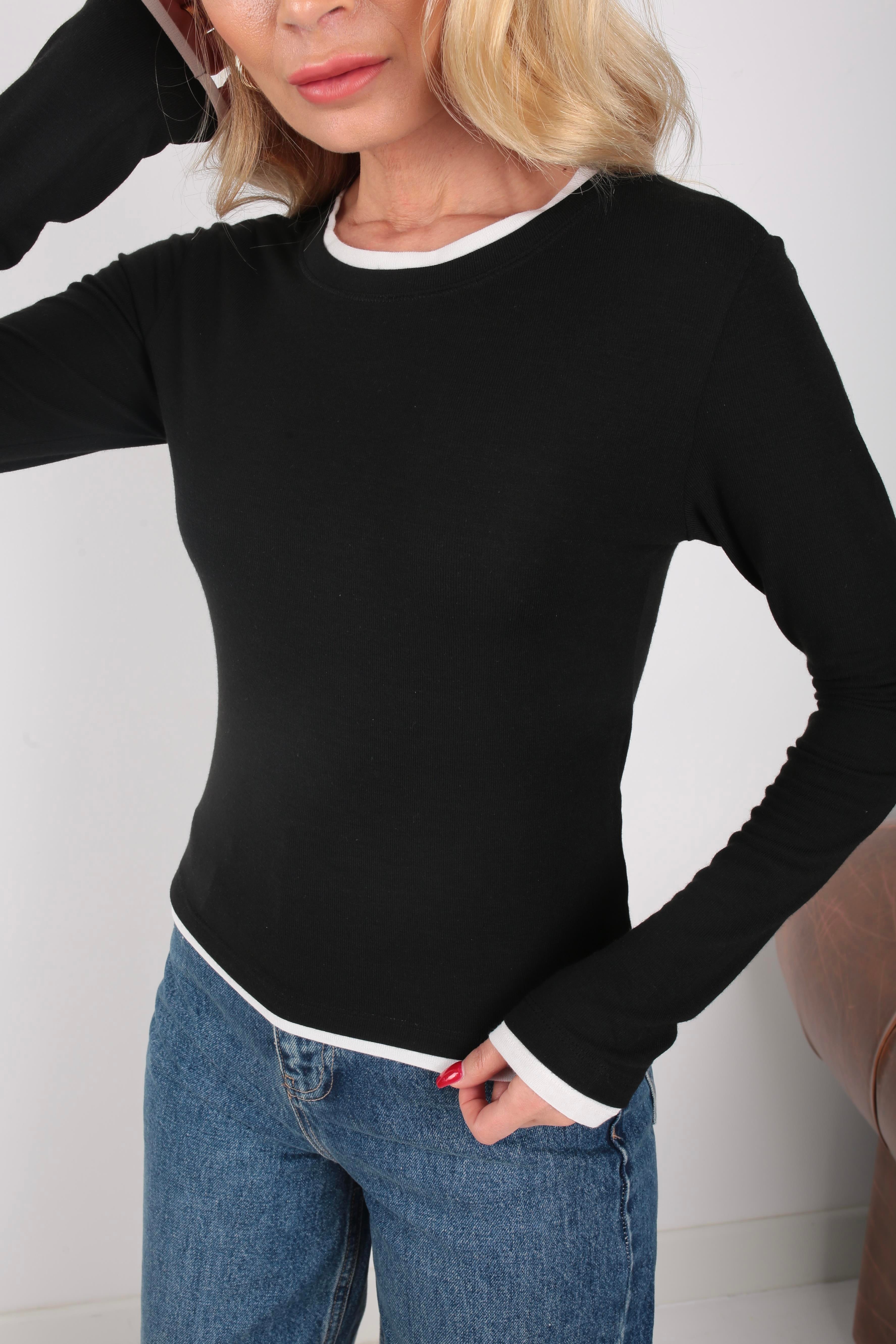 Garnili Siyah İnce Penye Sweatshirt SWEATSHİRT