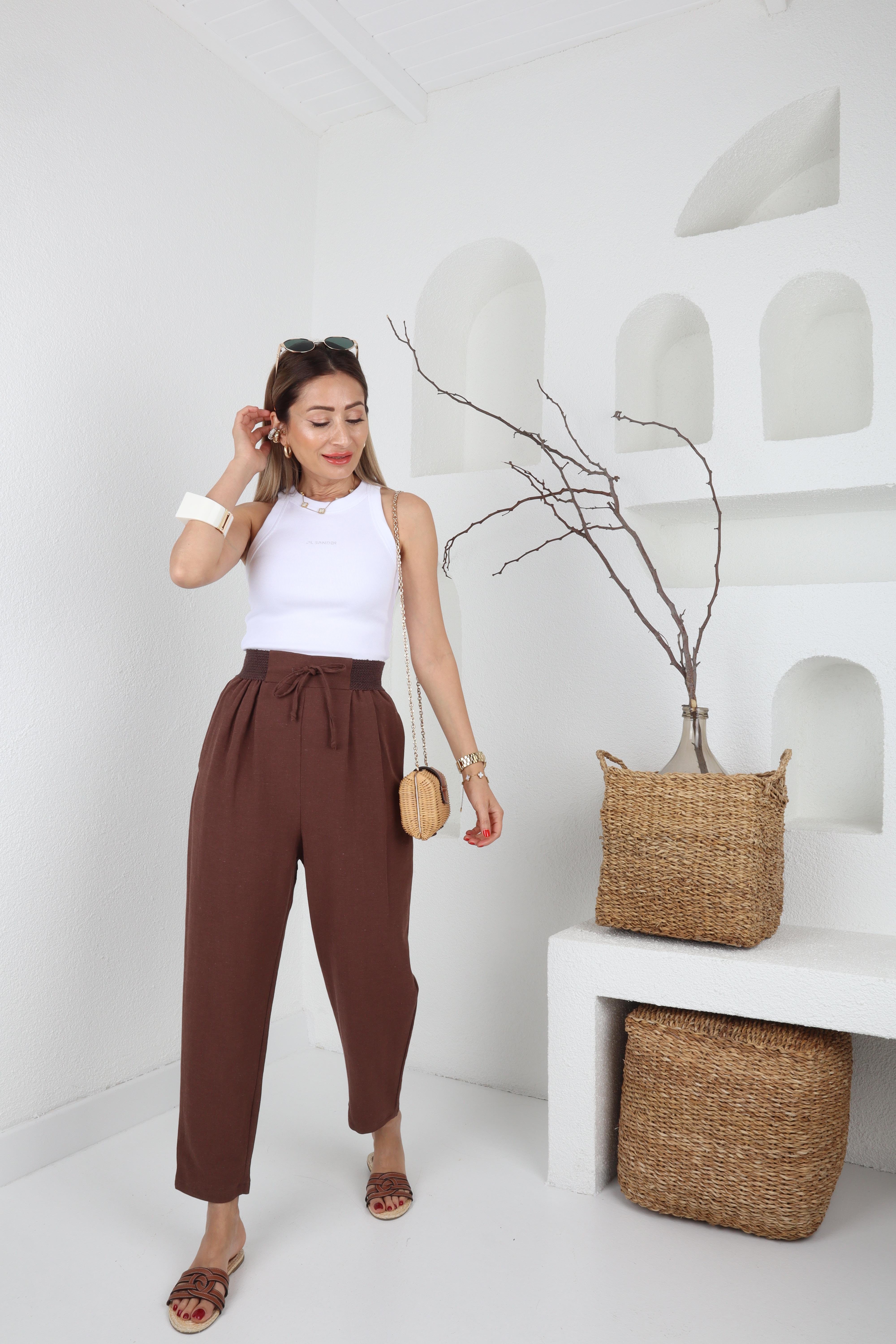 Geniş Lastik Detay Kahve Keten Pantolon PANTOLON