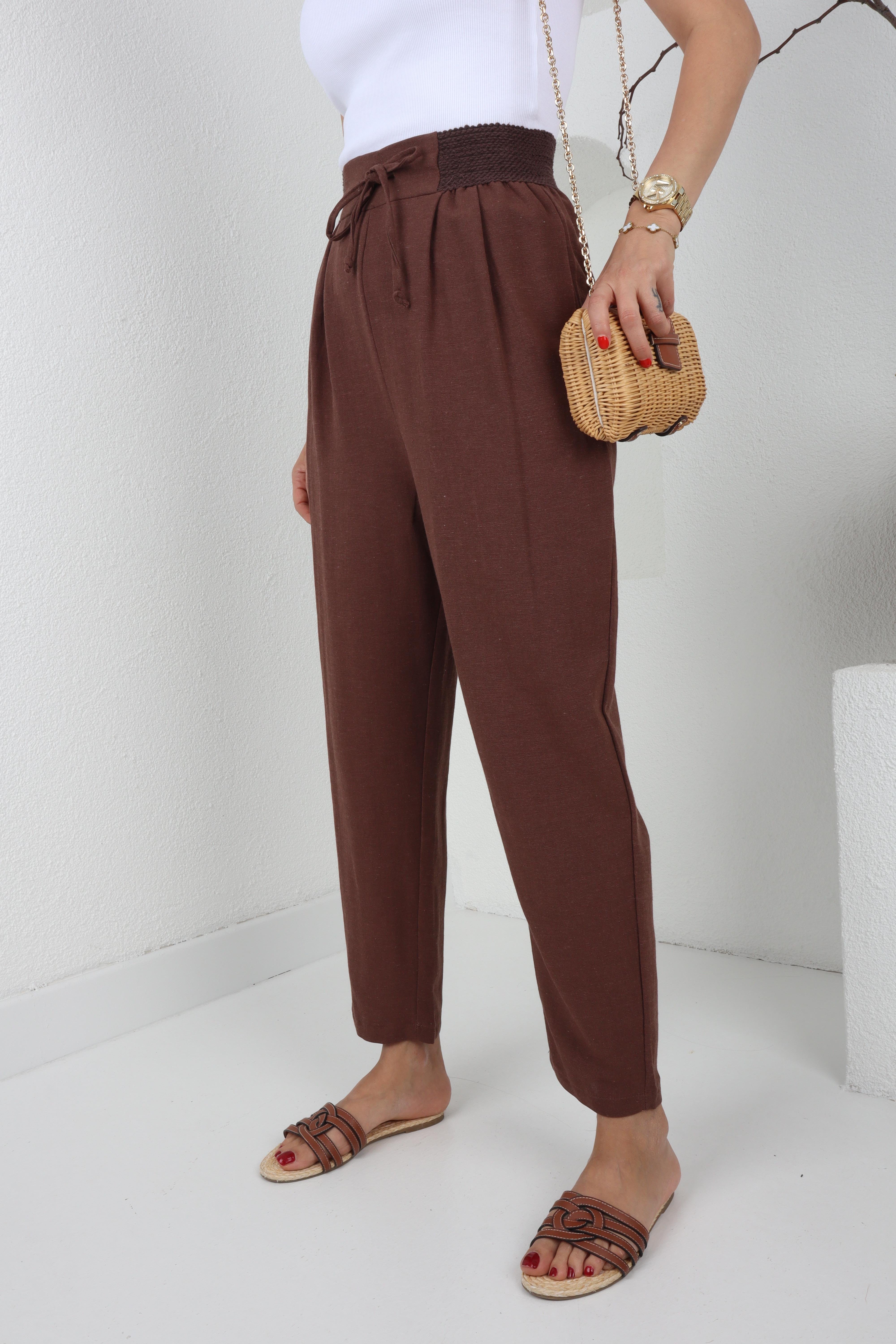 Geniş Lastik Detay Kahve Keten Pantolon PANTOLON