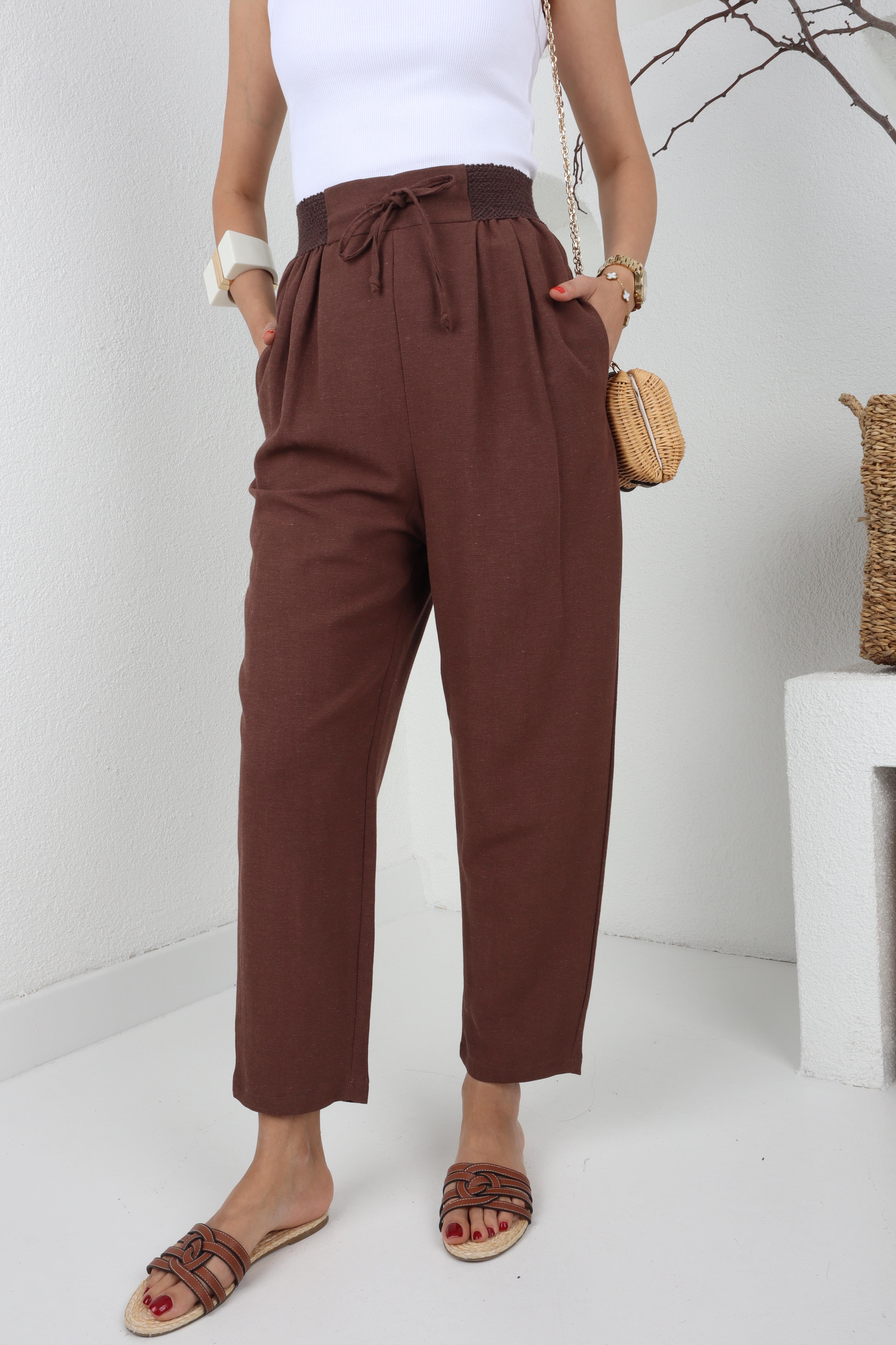 Geniş Lastik Detay Kahve Keten Pantolon PANTOLON