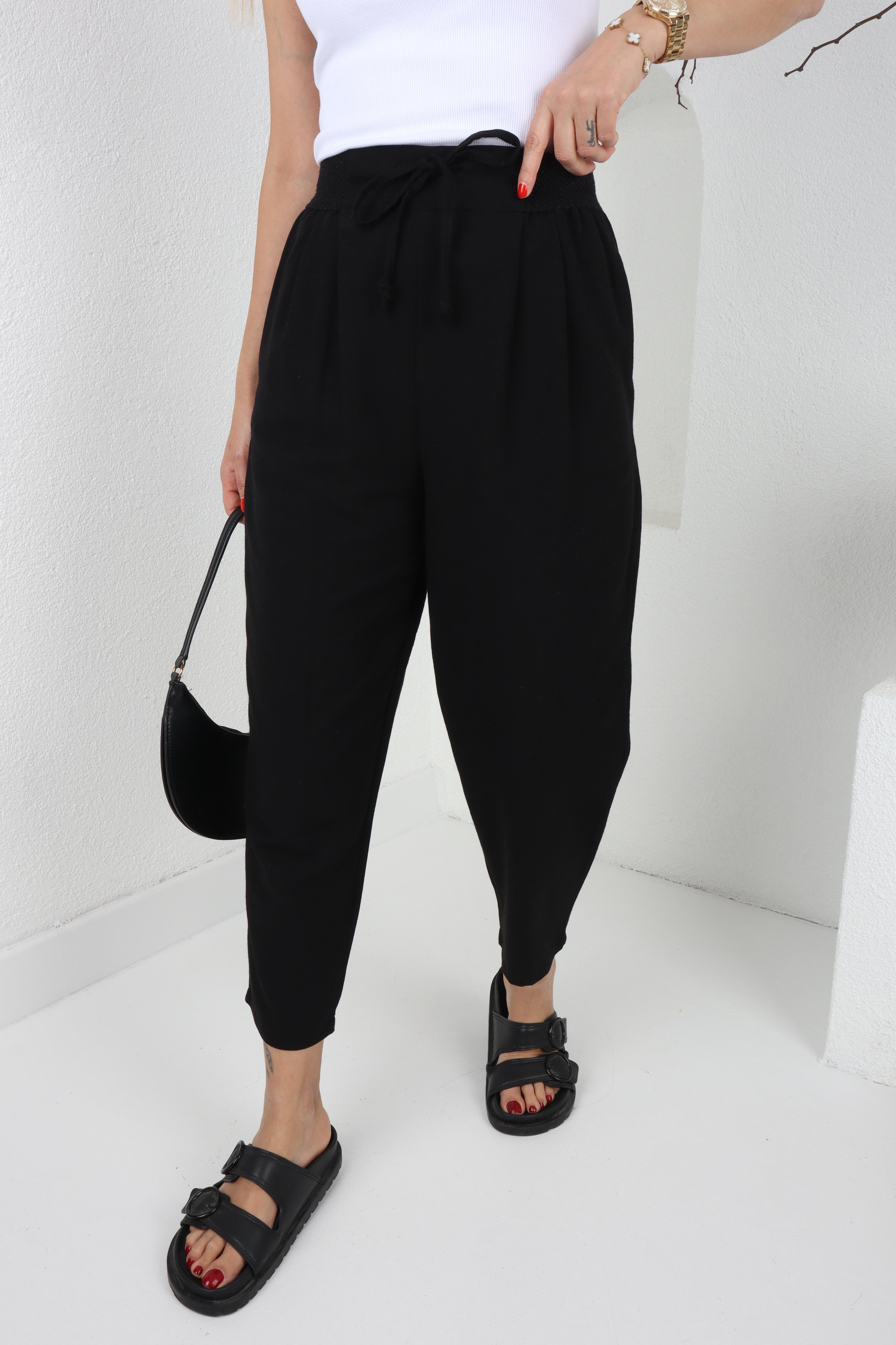 Geniş Lastik Detay Siyah Keten Pantolon PANTOLON