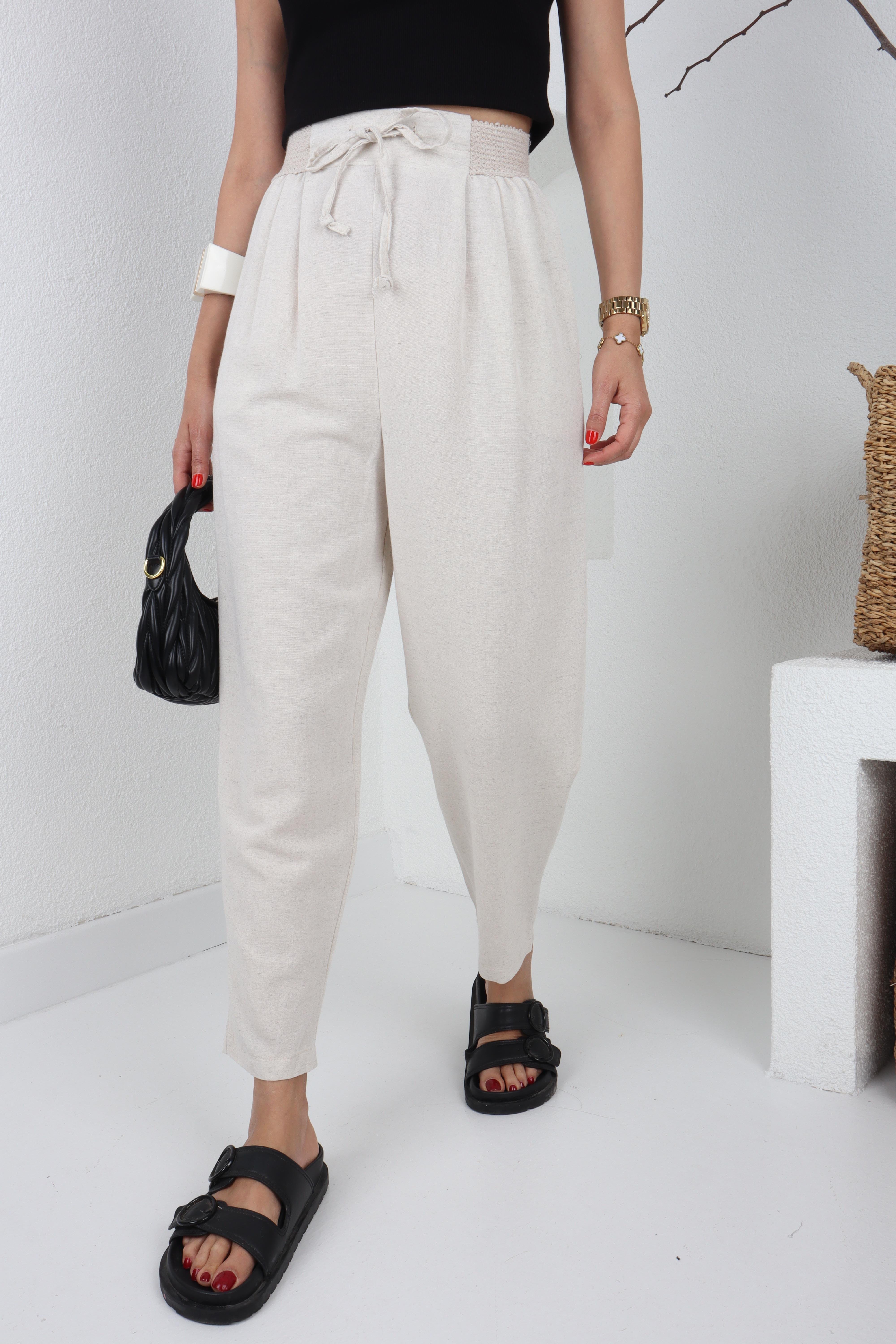 Geniş Lastik Detay Taş Keten Pantolon PANTOLON