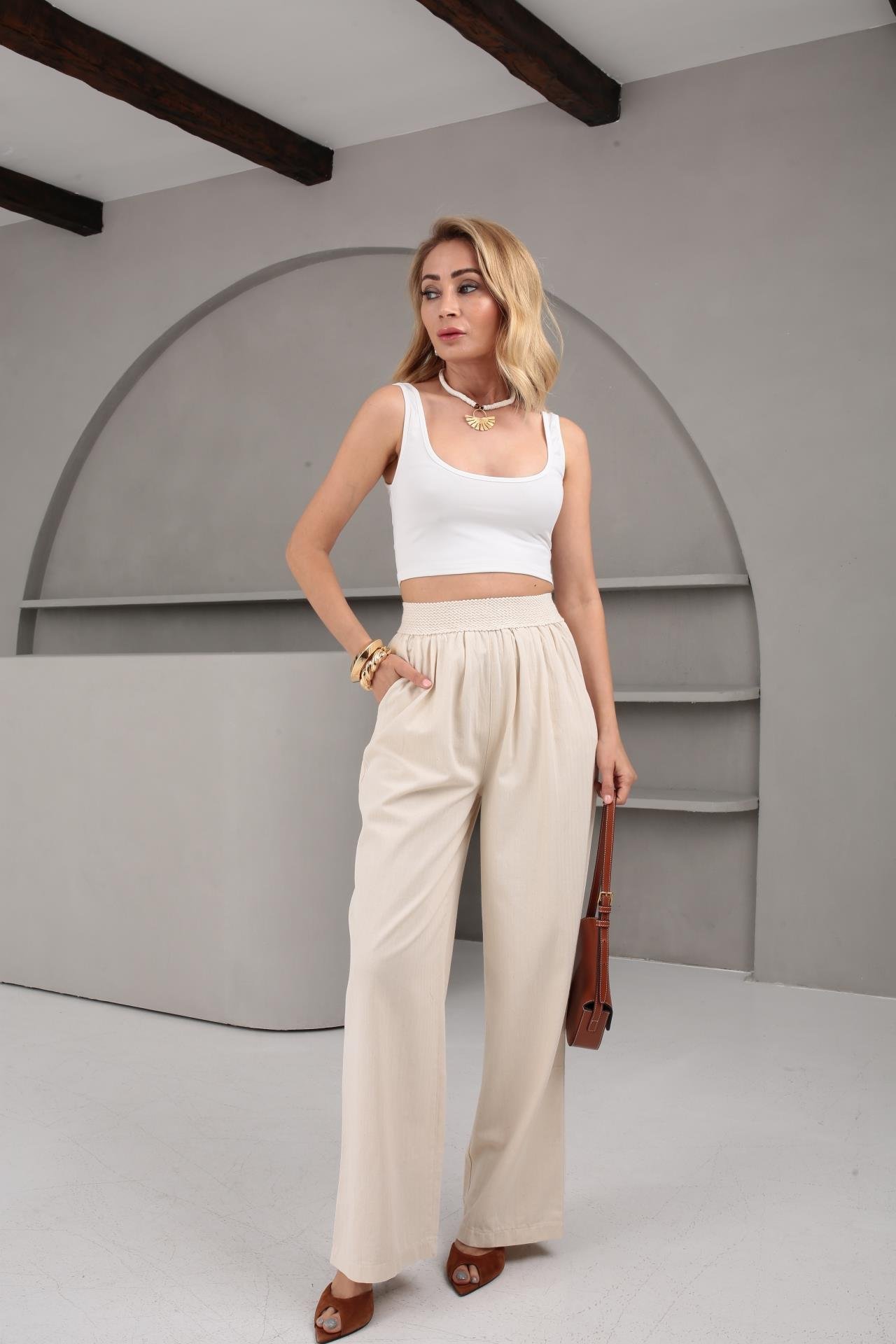 Geniş Lastikli Naturel Palazzo Pantolon PANTOLON | NO33