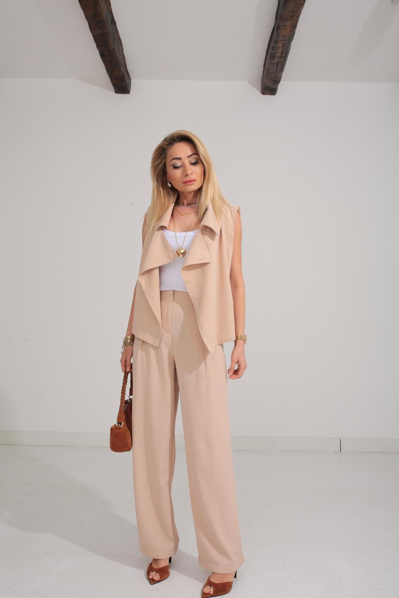 Geniş Yaka Camel Yelek Pantolon TAKIM