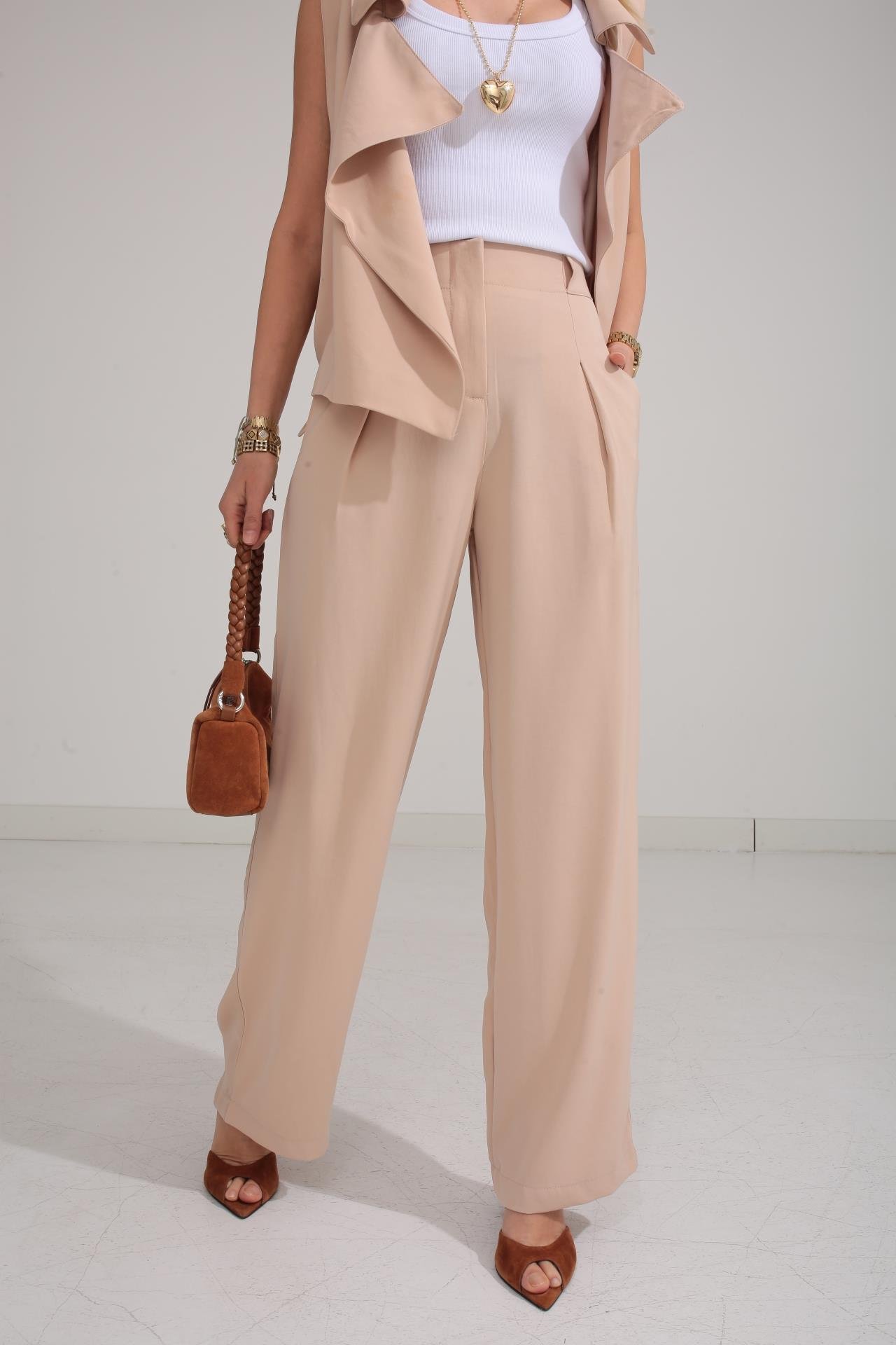 Geniş Yaka Camel Yelek Pantolon TAKIM