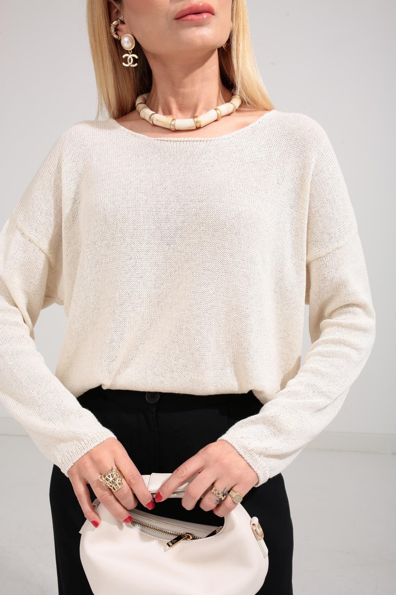 Geniş Yaka Ekru Mevsimlik Triko TRİKO VE KAZAK | NO33