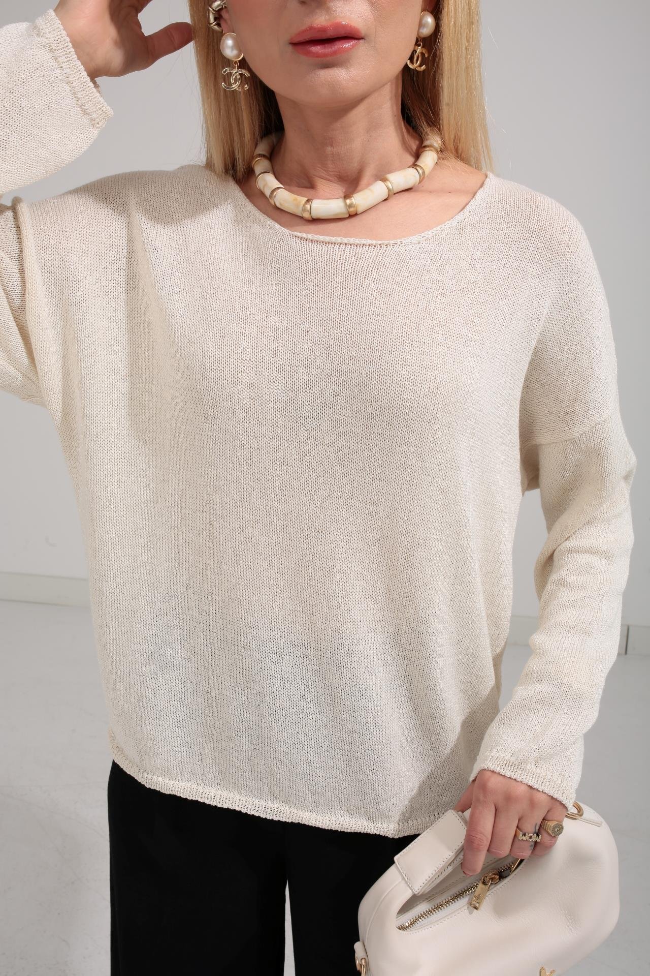 Geniş Yaka Ekru Mevsimlik Triko TRİKO VE KAZAK | NO33