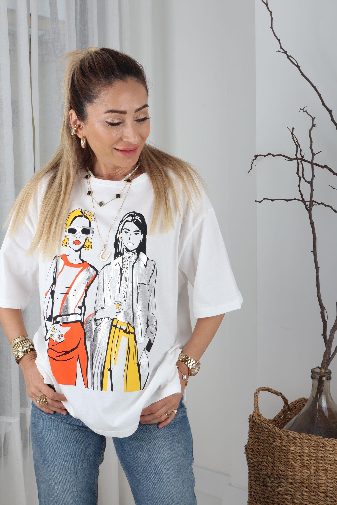 Geniş Yaka Silver Kadın Baskılı Tshirt T-SHİRT