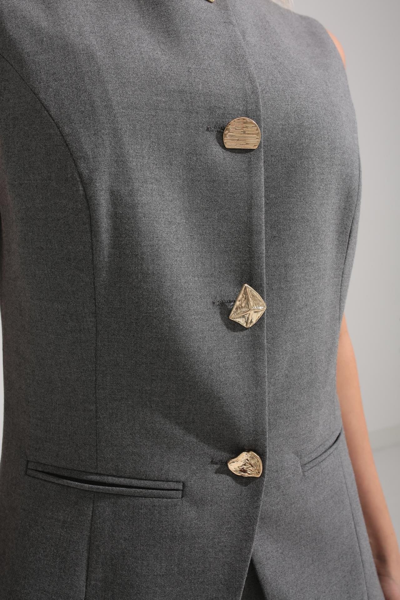 Gold Düğme Deta Gri Yelekli Takım TAKIM