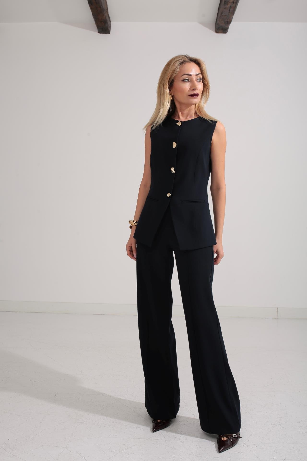 Gold Düğme Deta Lacivert Yelekli Takım TAKIM