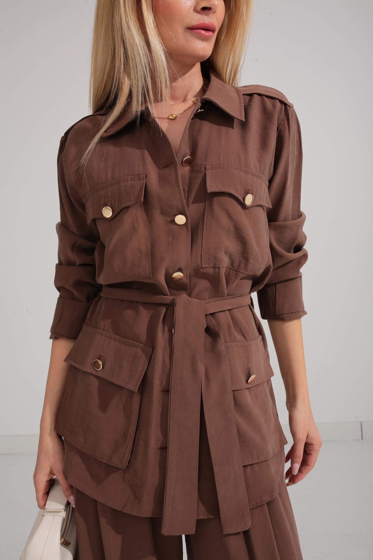 Gold Düğmeli Kahverengi Tensel Takım TAKIM