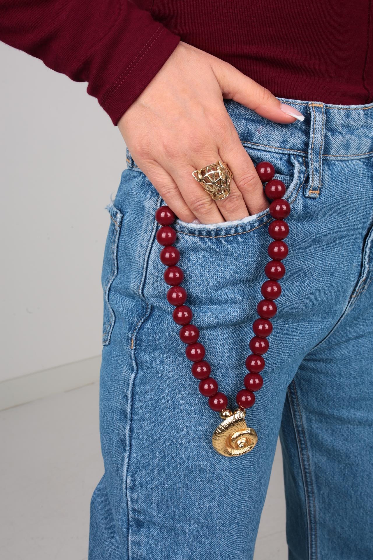 Gold Midye Detay Bordo Kolye KOLYE