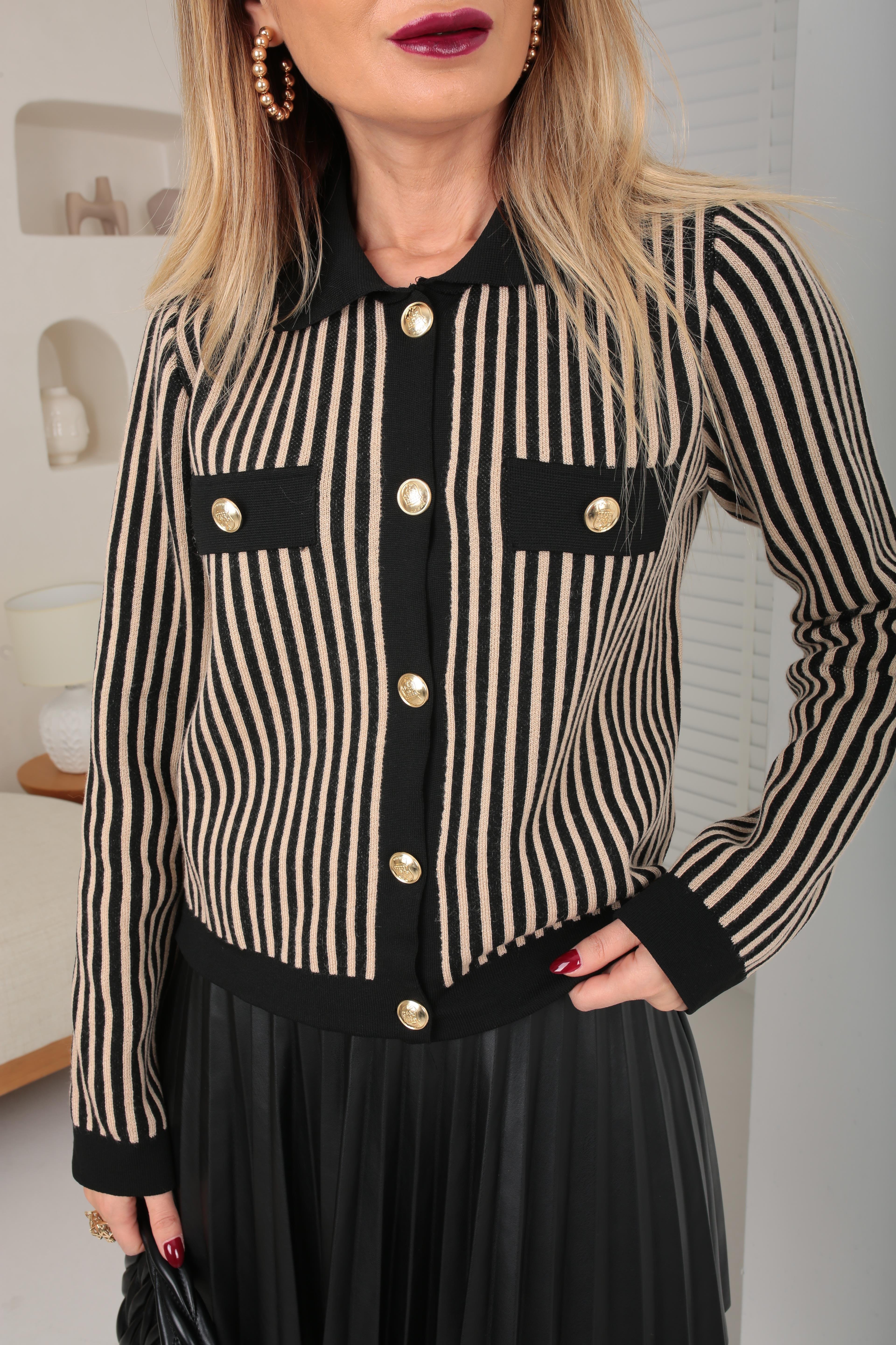 Gömlek Yaka Bej Çizgili Gold Düğmeli Hırka HIRKA