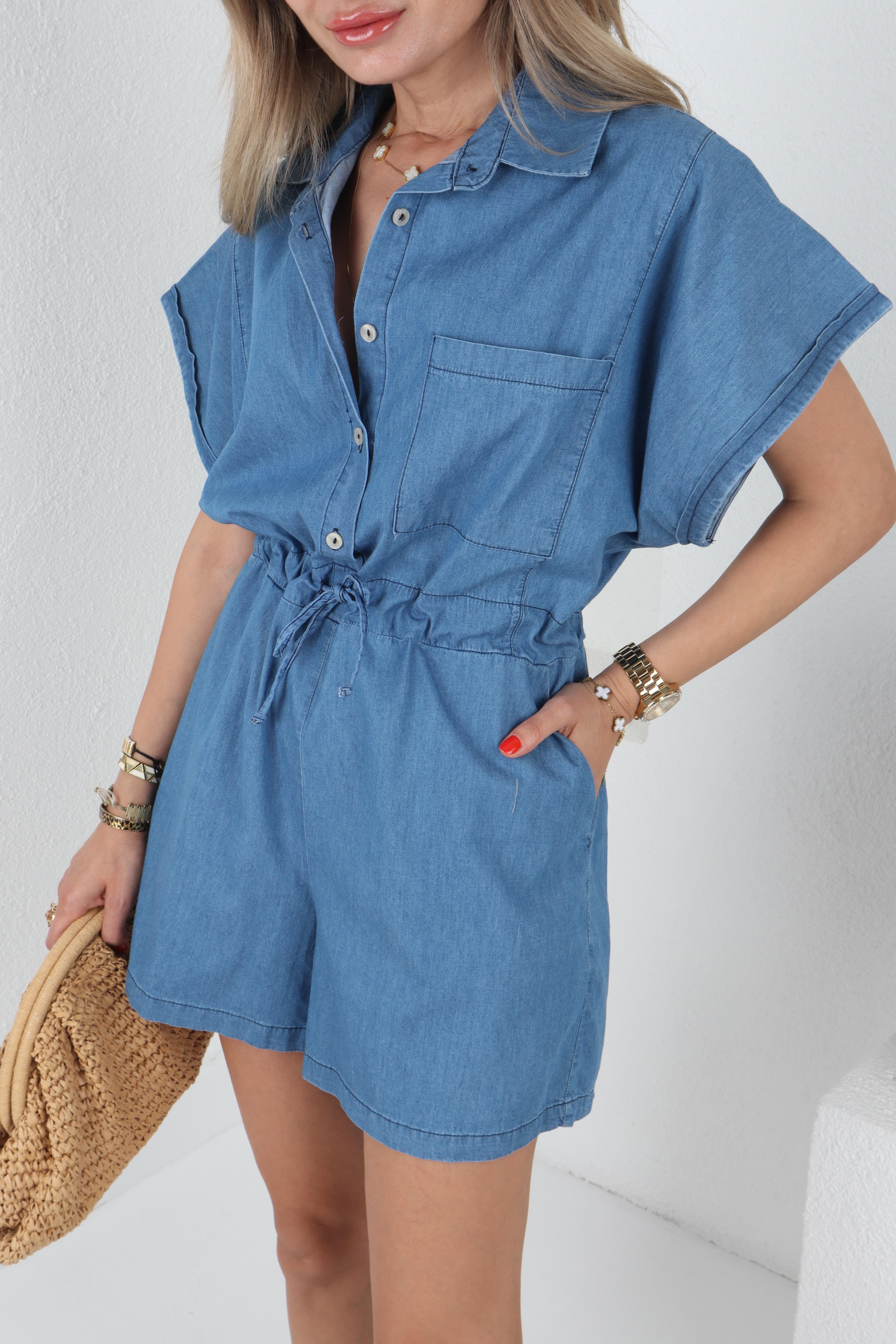 Gömlek Yaka Denim Şort Tulum TULUM