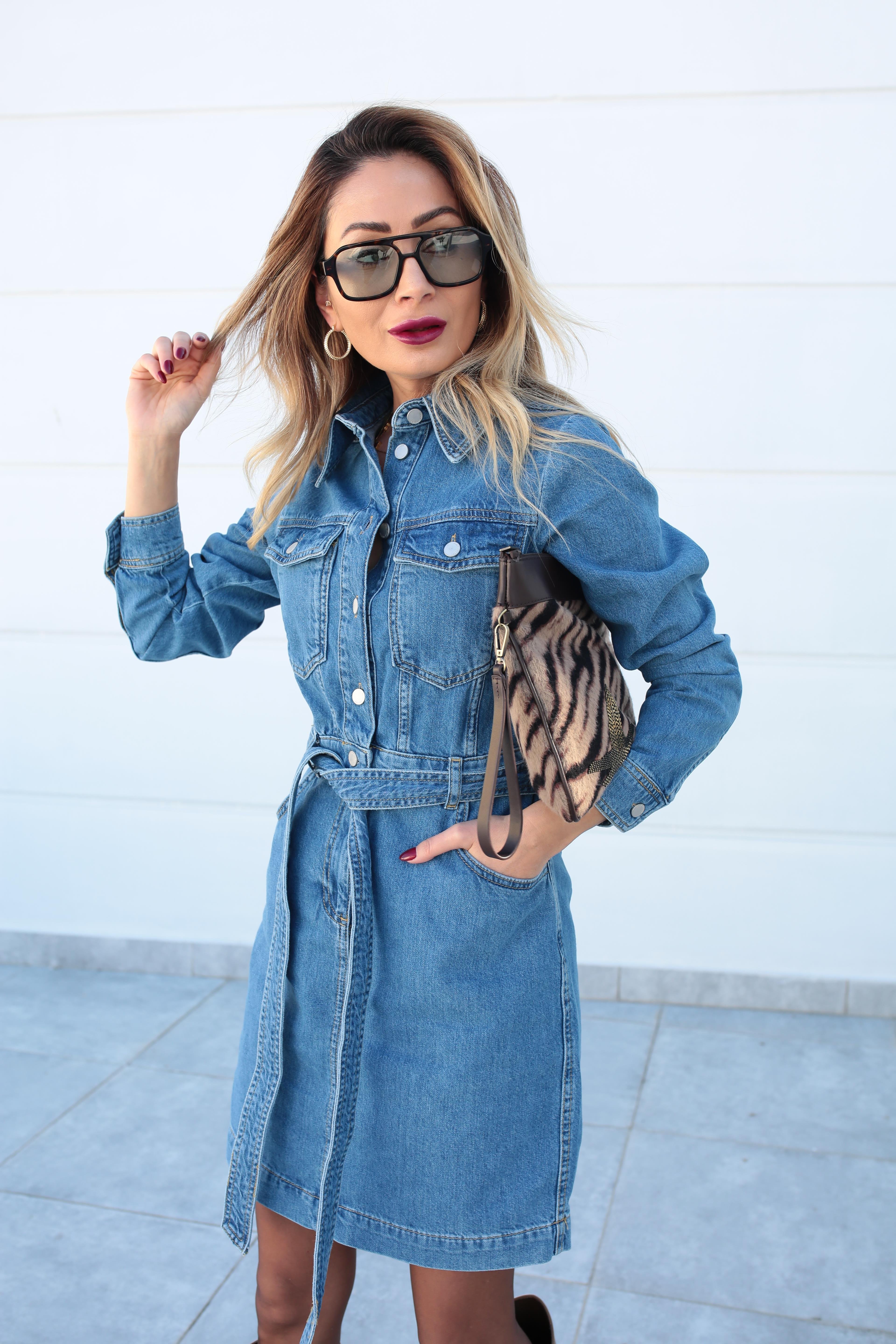 Gömlek Yaka Kemerli Denim Elbise ELBİSE