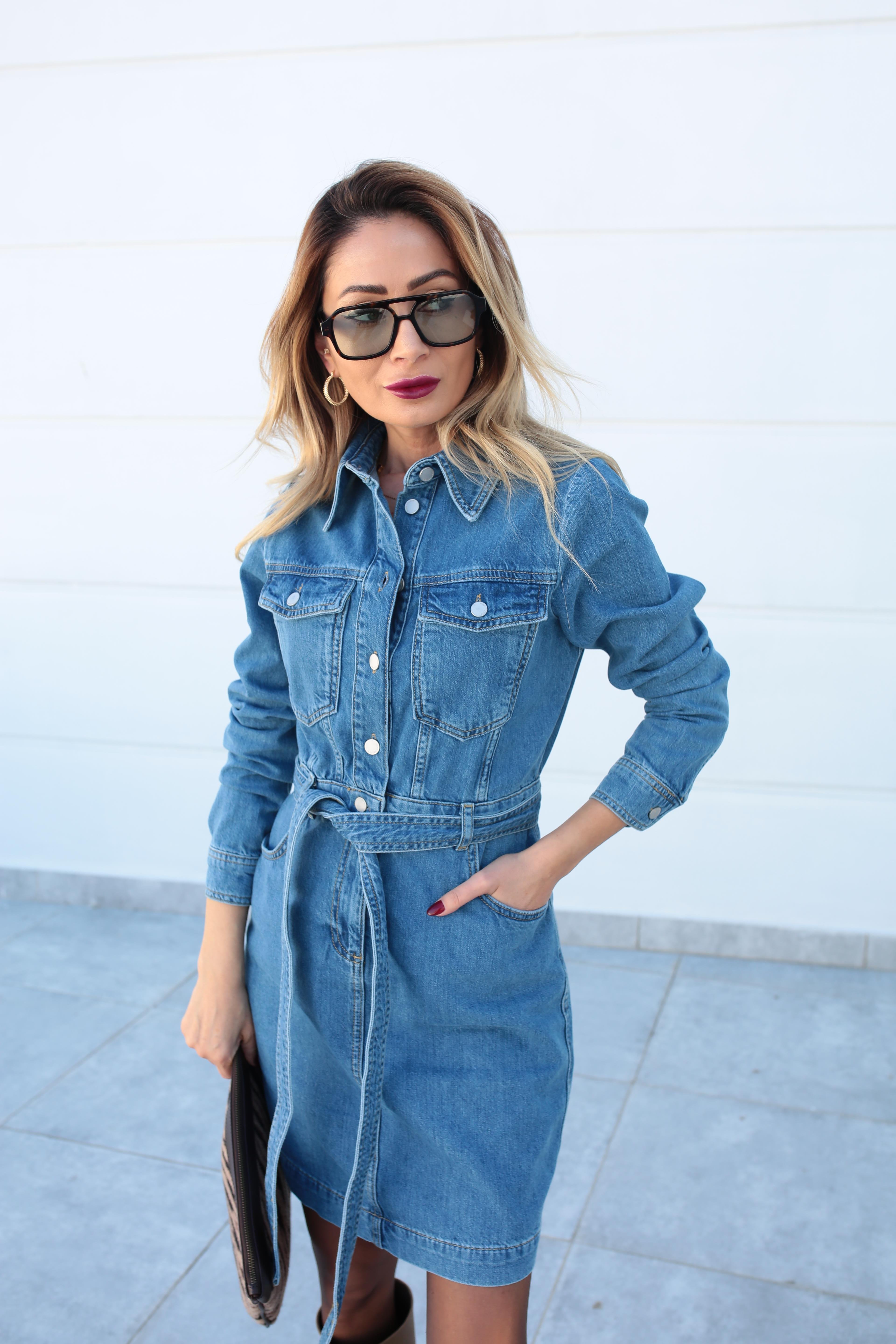 Gömlek Yaka Kemerli Denim Elbise ELBİSE