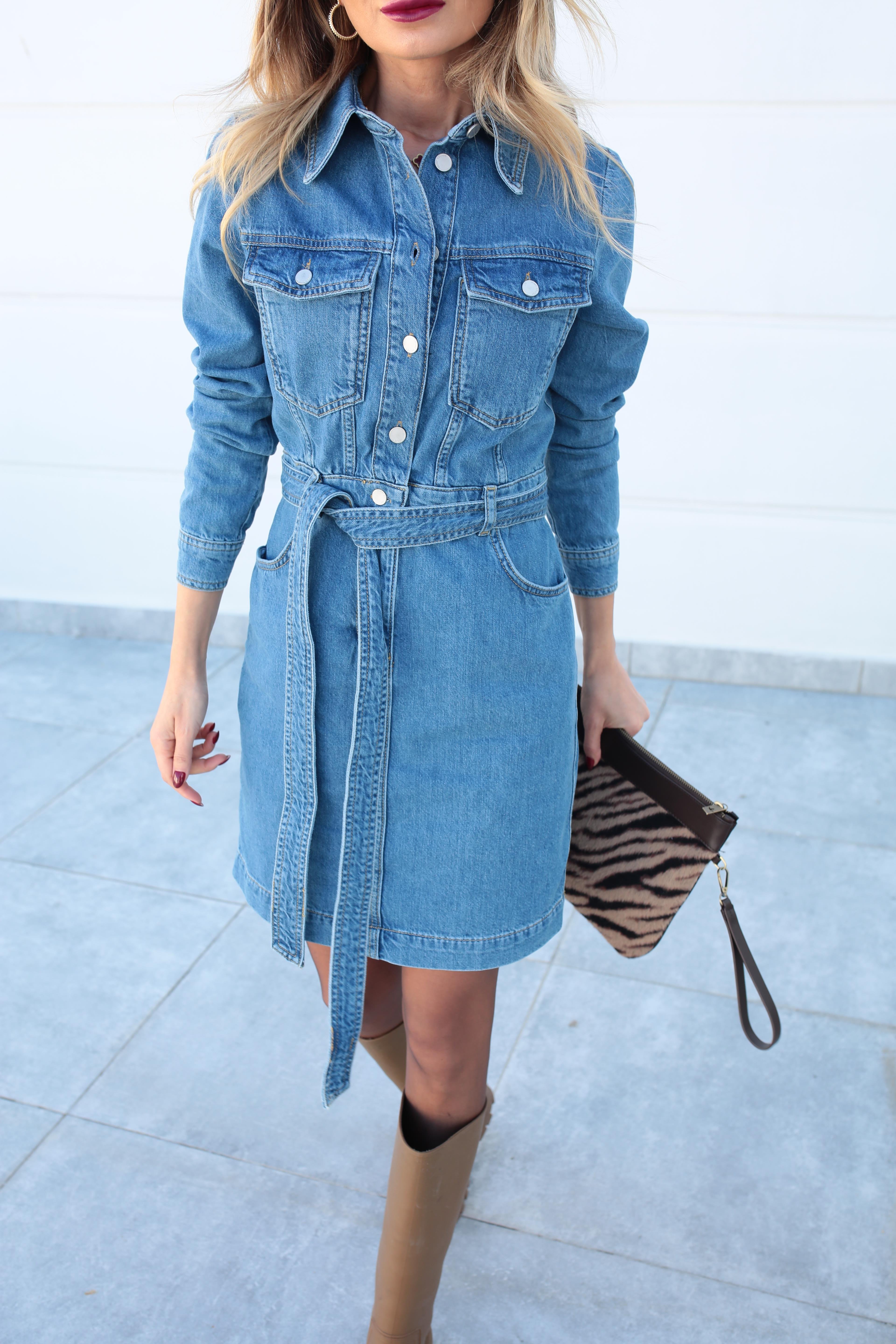 Gömlek Yaka Kemerli Denim Elbise ELBİSE