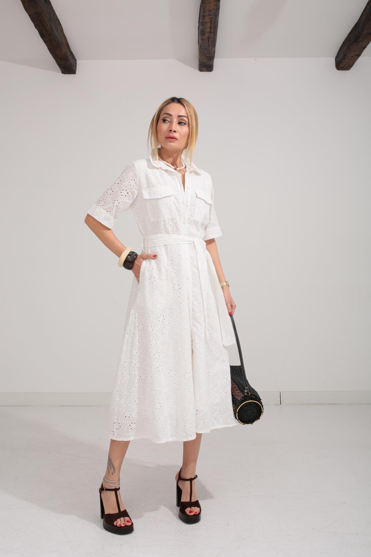 Gömlek Yaka Yarım Kollu Beyaz Fisto Elbise ELBİSE | NO33