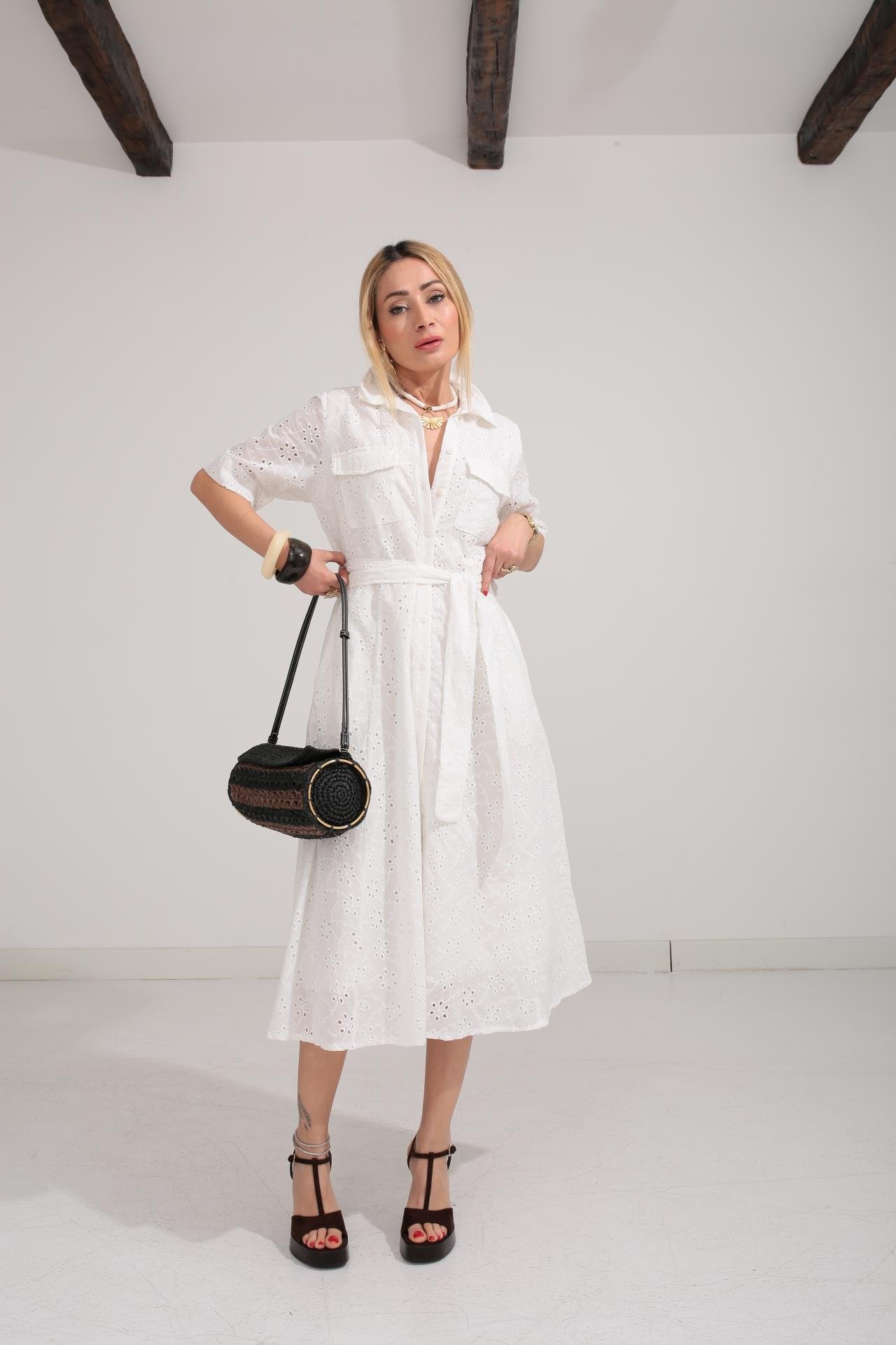 Gömlek Yaka Yarım Kollu Beyaz Fisto Elbise ELBİSE | NO33