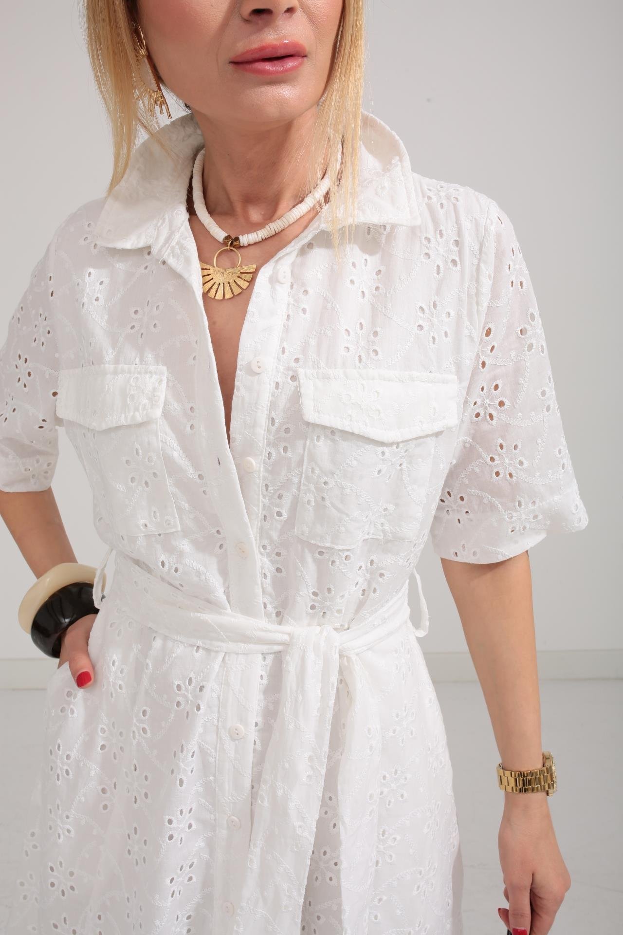 Gömlek Yaka Yarım Kollu Beyaz Fisto Elbise ELBİSE | NO33