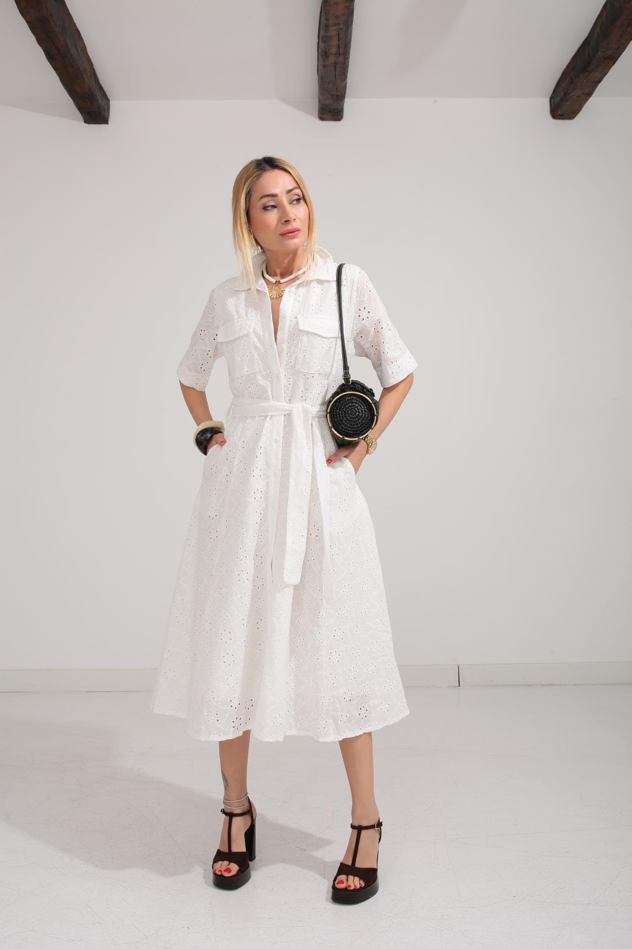 Gömlek Yaka Yarım Kollu Beyaz Fisto Elbise ELBİSE | NO33