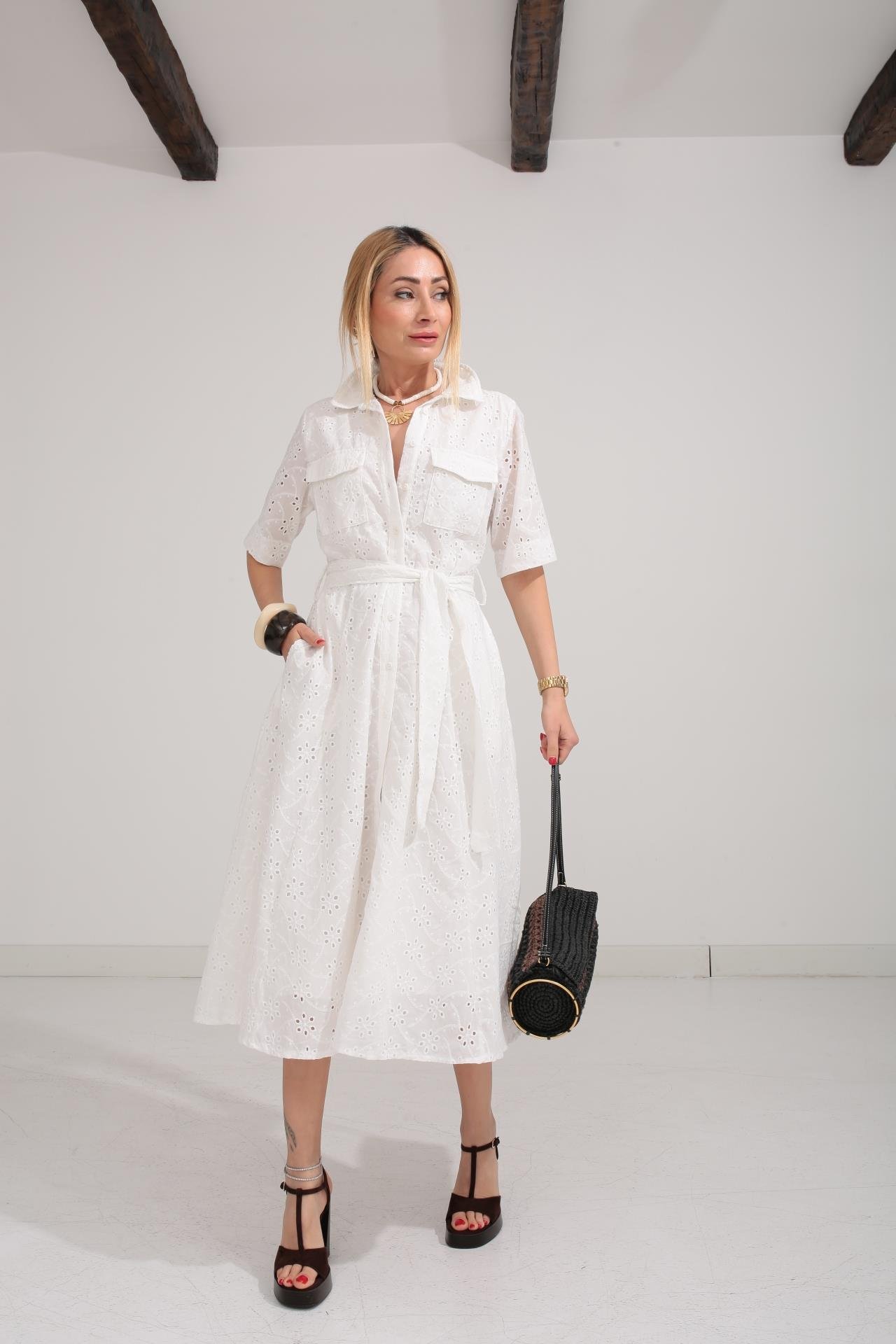 Gömlek Yaka Yarım Kollu Beyaz Fisto Elbise ELBİSE | NO33