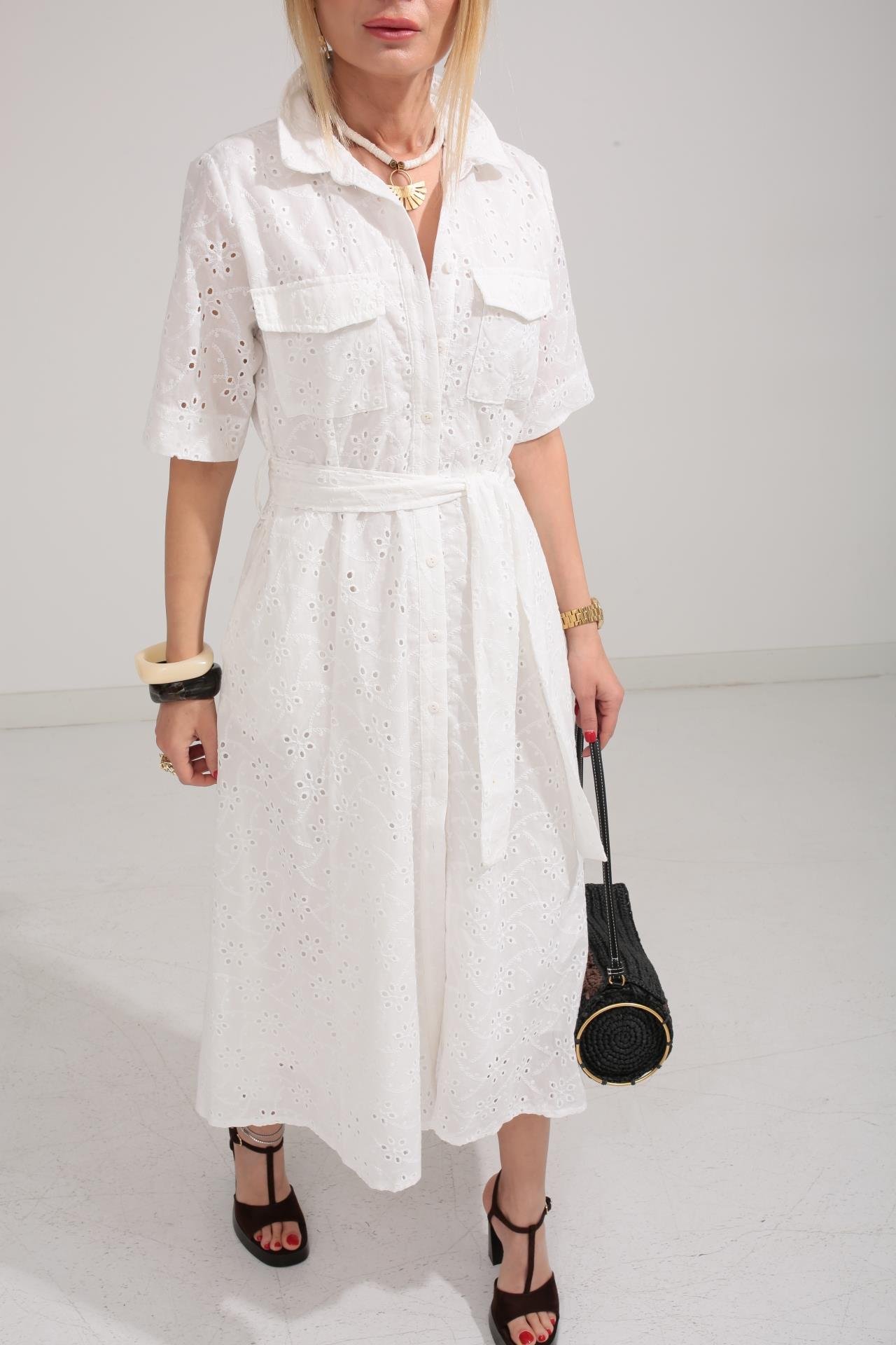 Gömlek Yaka Yarım Kollu Beyaz Fisto Elbise ELBİSE | NO33