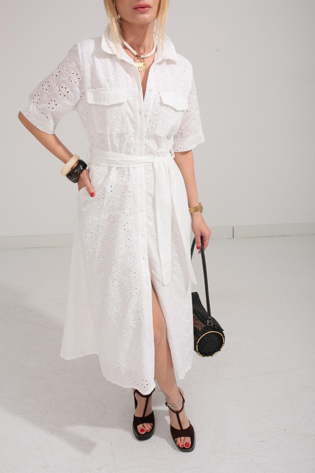 Gömlek Yaka Yarım Kollu Beyaz Fisto Elbise ELBİSE | NO33