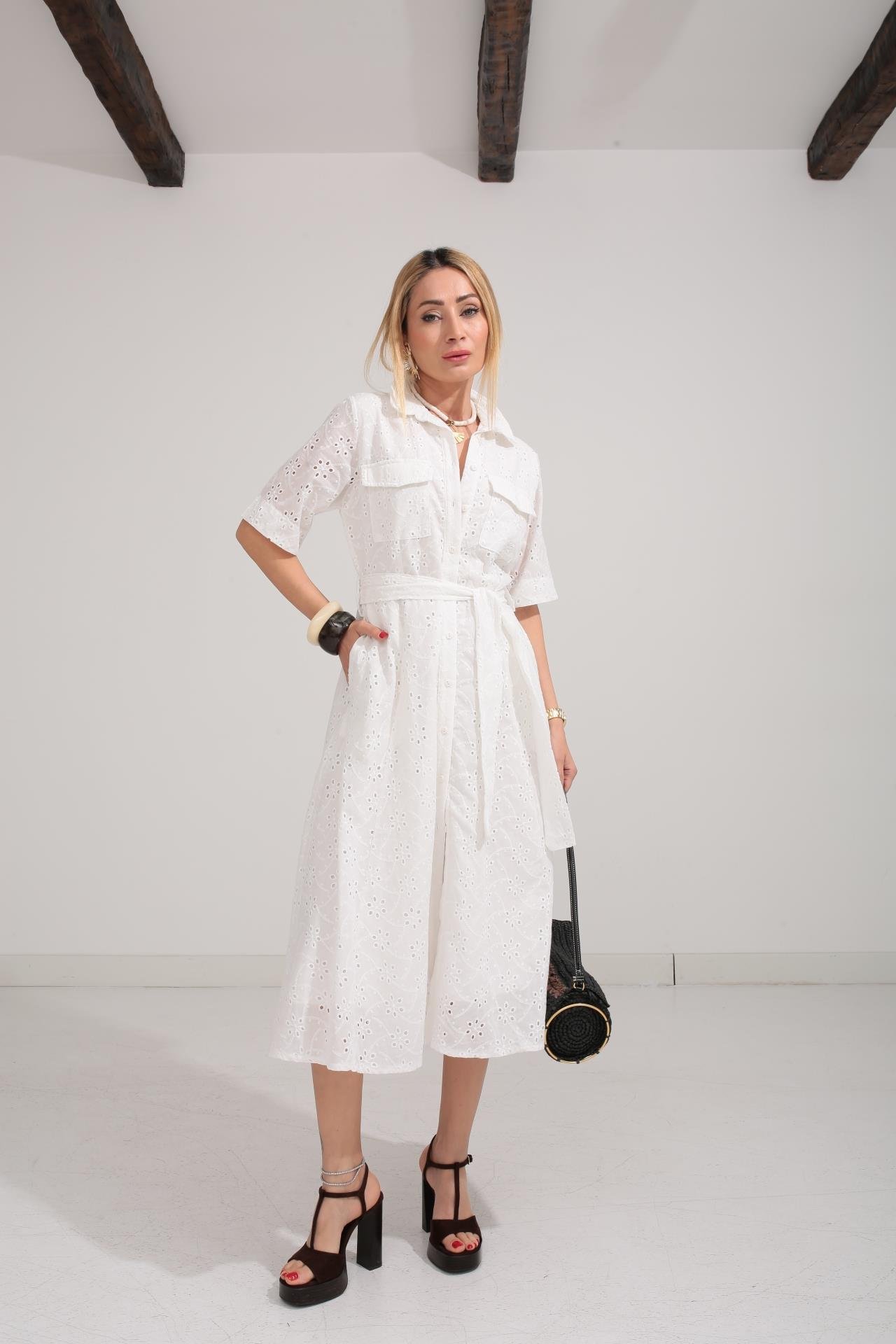 Gömlek Yaka Yarım Kollu Beyaz Fisto Elbise ELBİSE | NO33