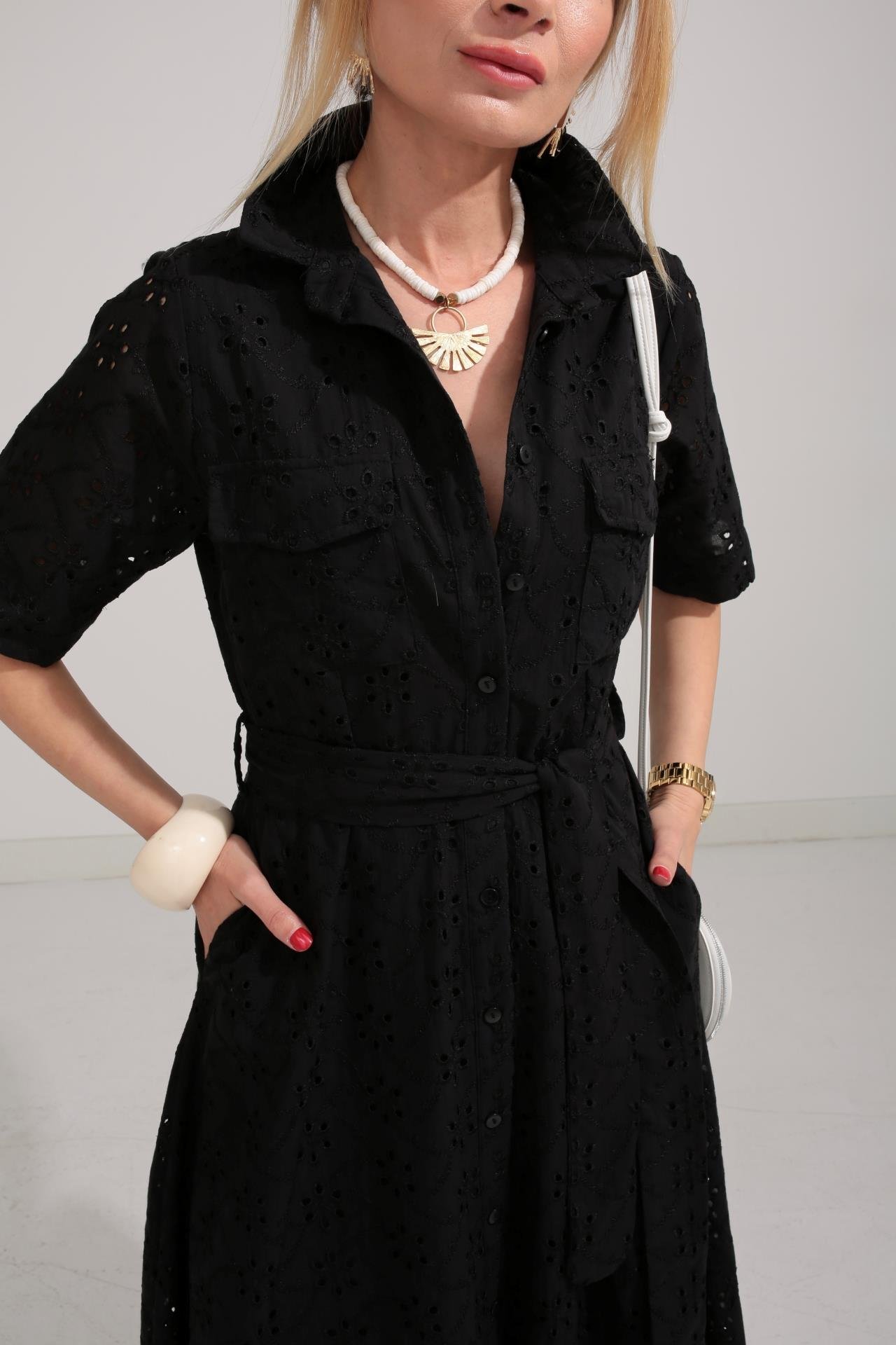 Gömlek Yaka Yarım Kollu Siyah Fisto Elbise ELBİSE | NO33