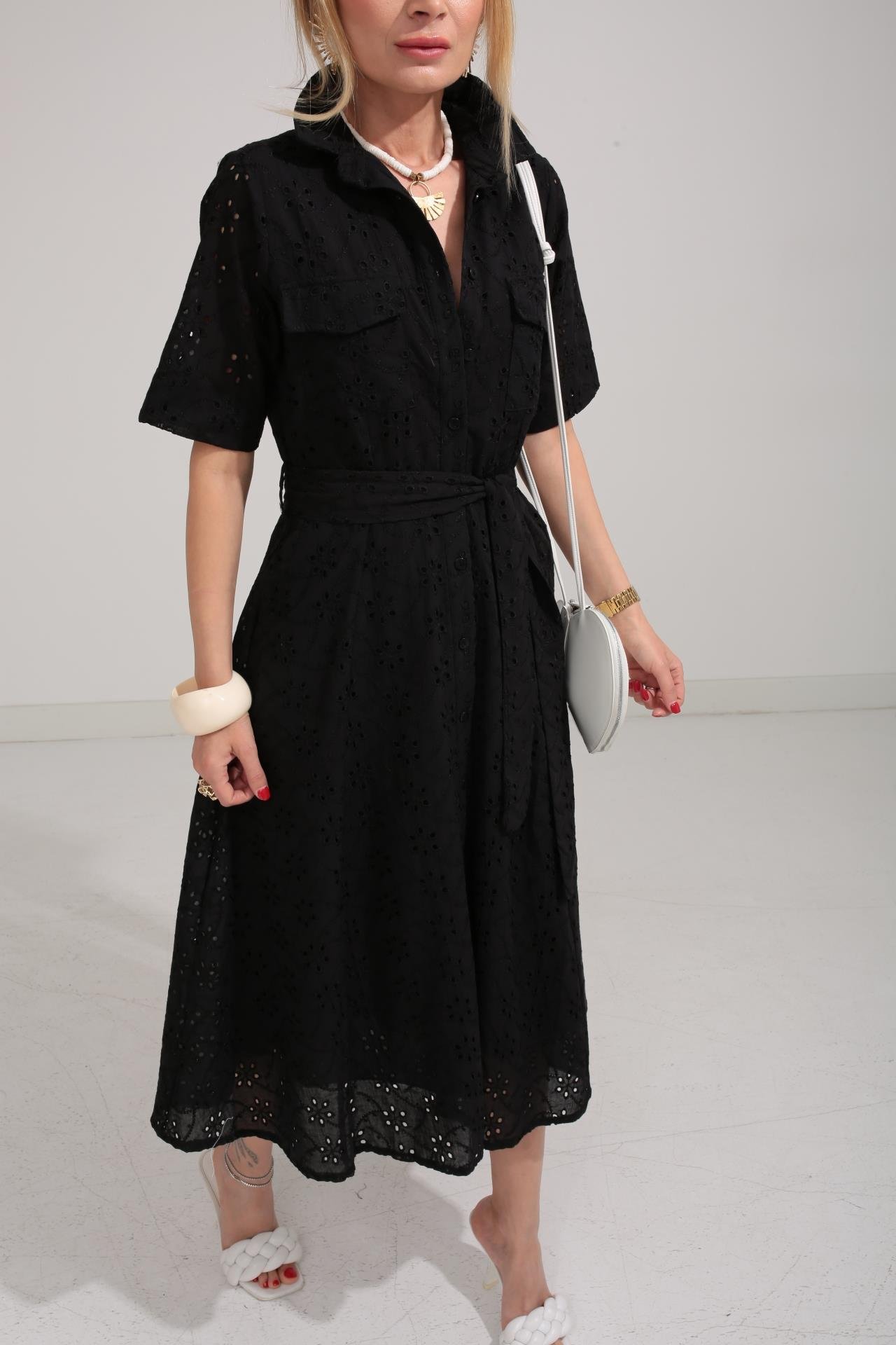 Gömlek Yaka Yarım Kollu Siyah Fisto Elbise ELBİSE | NO33