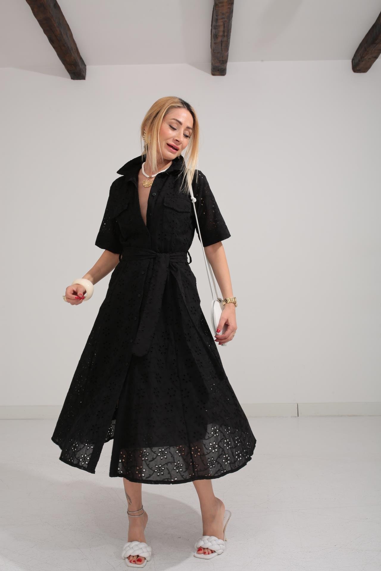 Gömlek Yaka Yarım Kollu Siyah Fisto Elbise ELBİSE | NO33