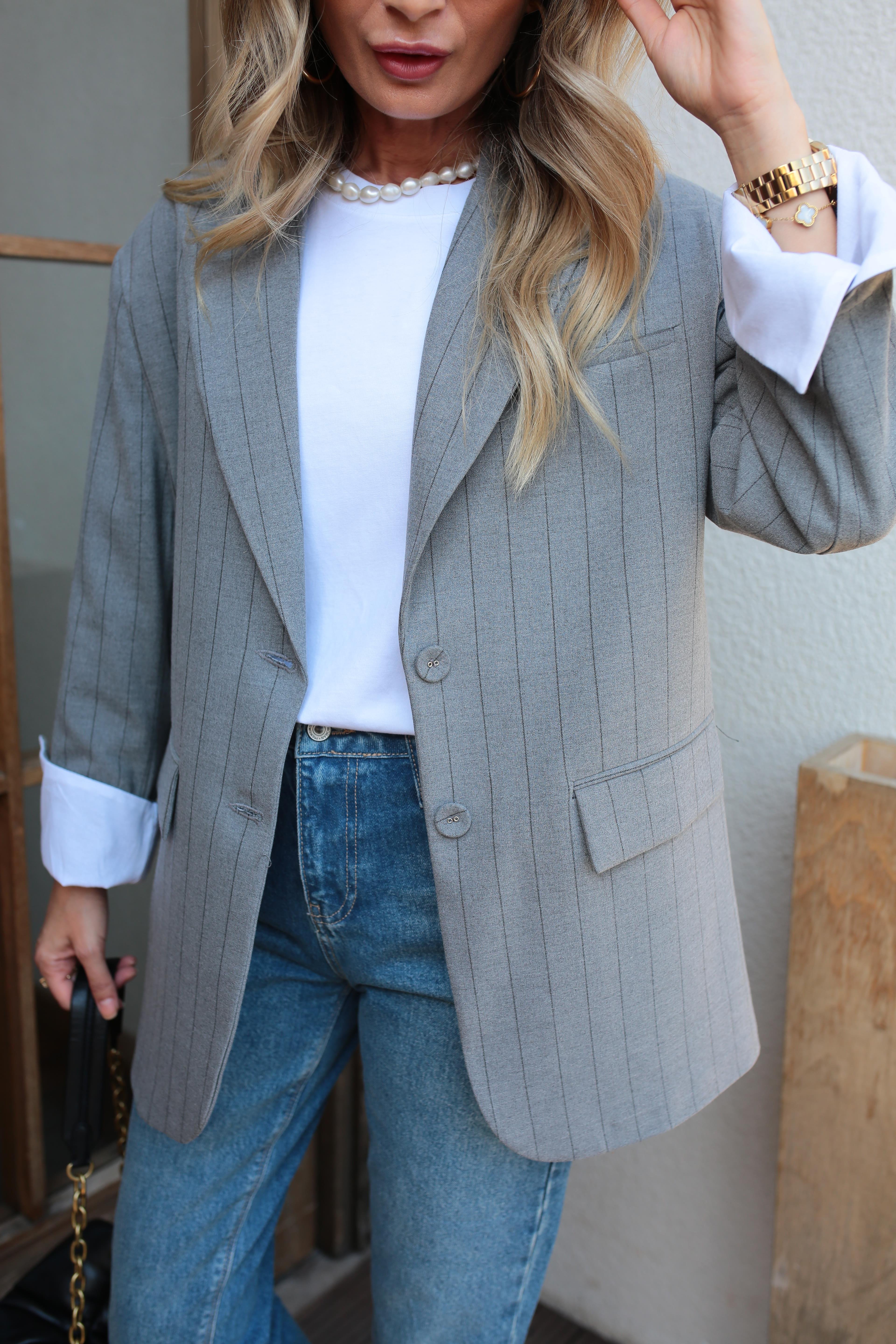Gri Çizgili Baskı Düğmeli Blazer Ceket CEKET
