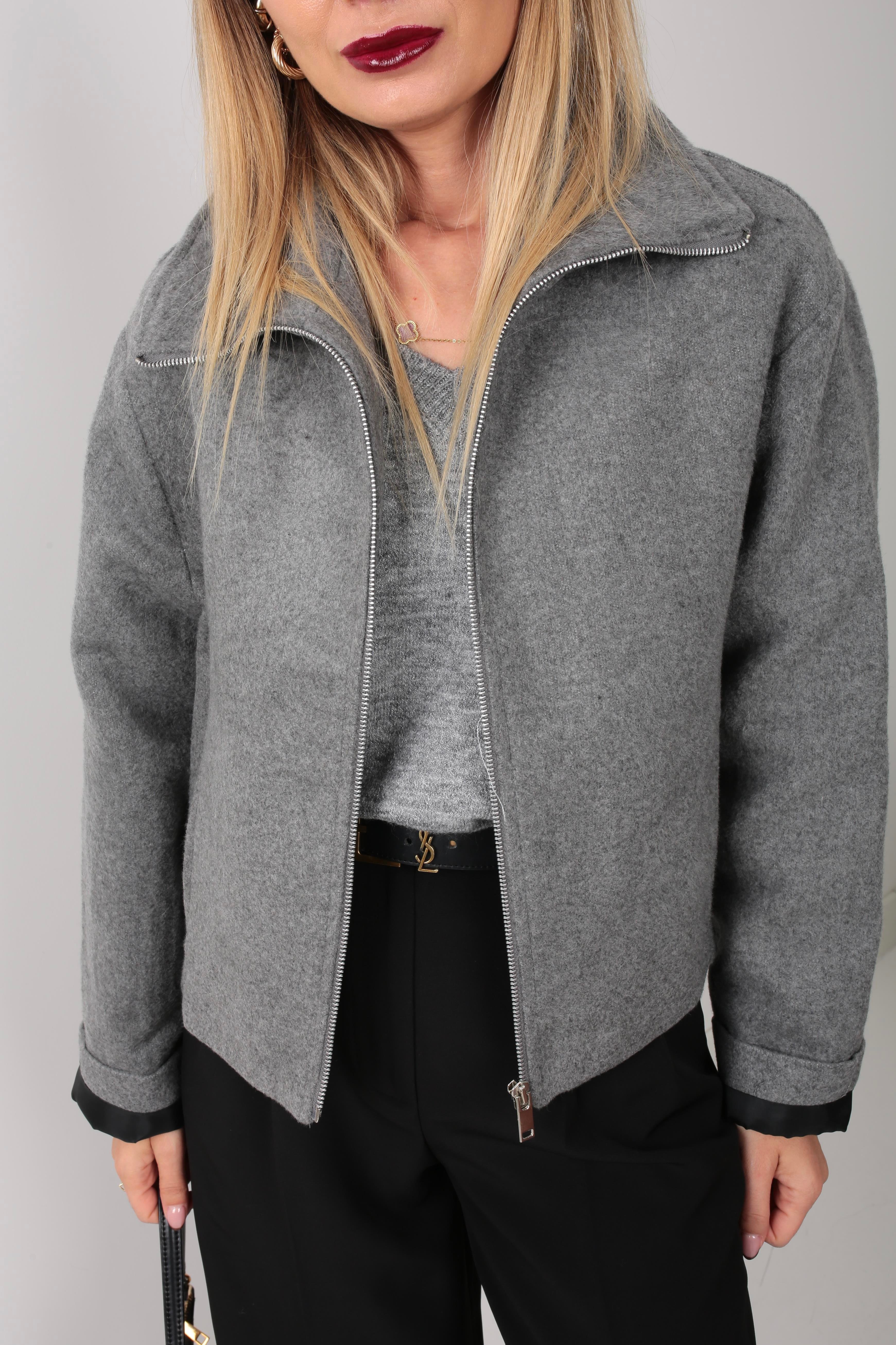 Gri Dik Yaka Fermuarlı Kısa Kaşe Ceket CEKET