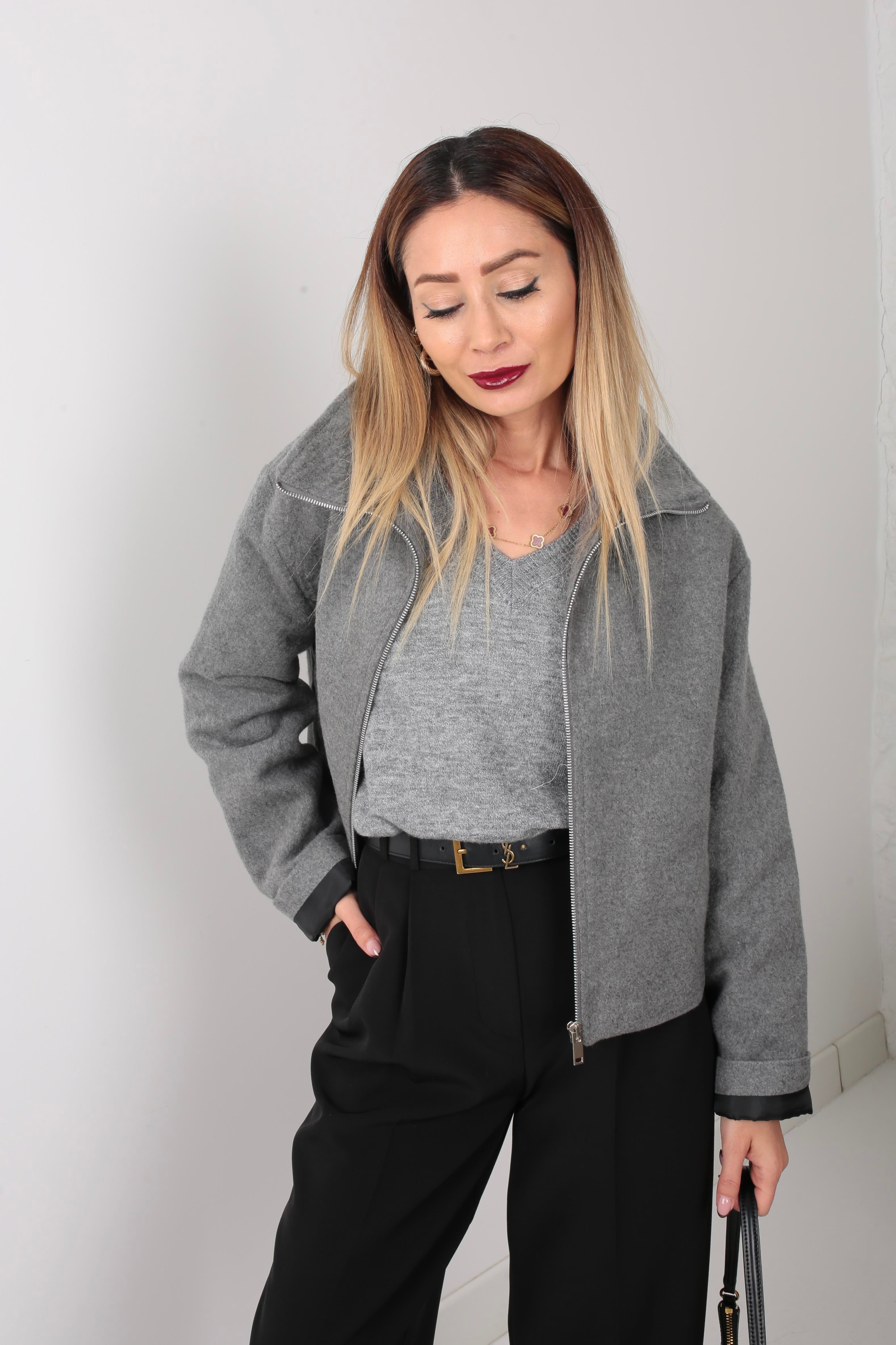 Gri Dik Yaka Fermuarlı Kısa Kaşe Ceket CEKET