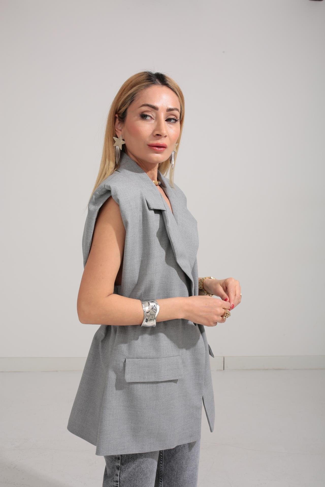 Gri Kemerli Oversize Kumaş Yelek YELEK | NO33